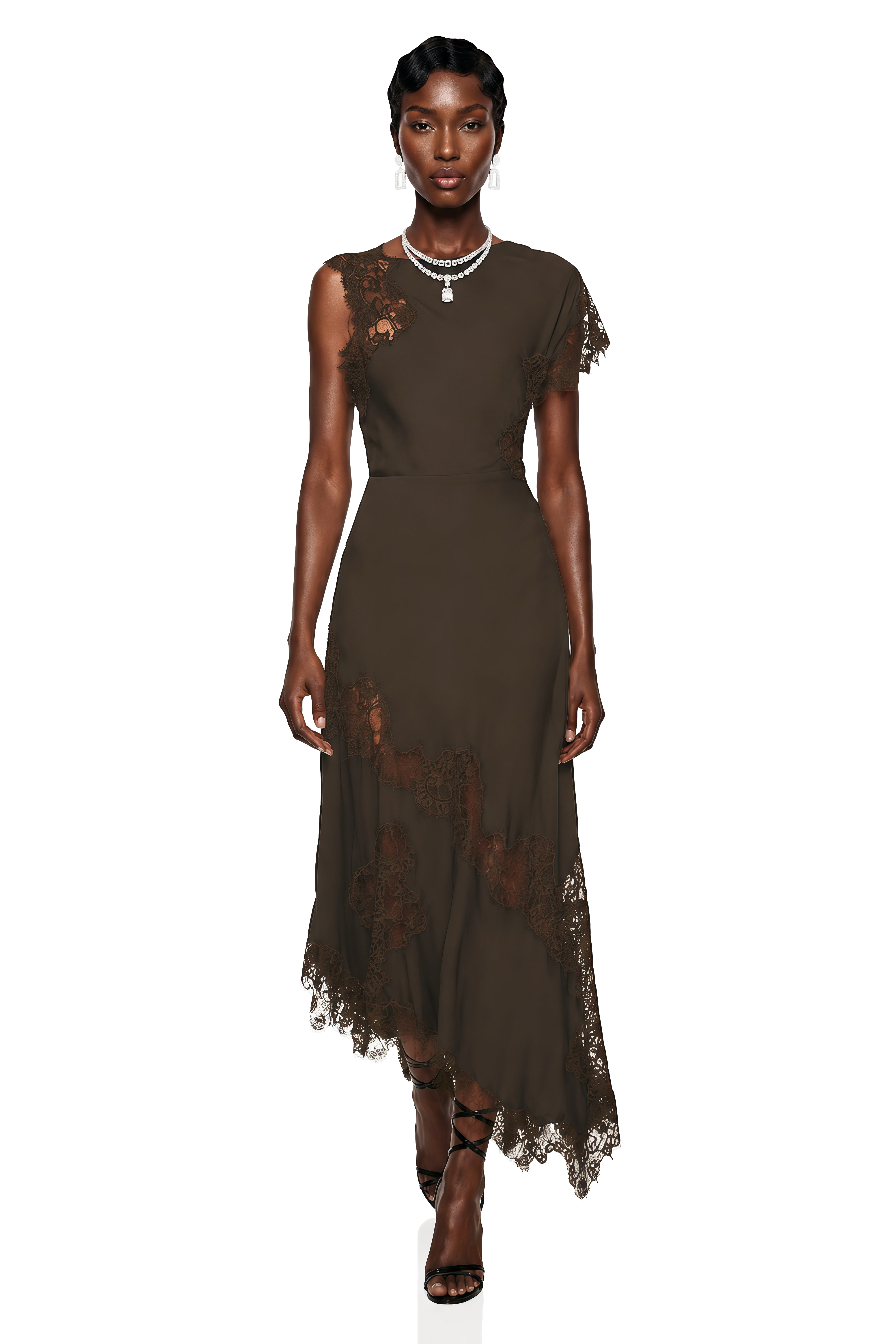 brown lace asymmetrical dress Jacinta Chocolate Midi with Panels – Miss Rosier Colors:Emerald Style with strappy heels length:midi Long Sleeve Backless Maxi