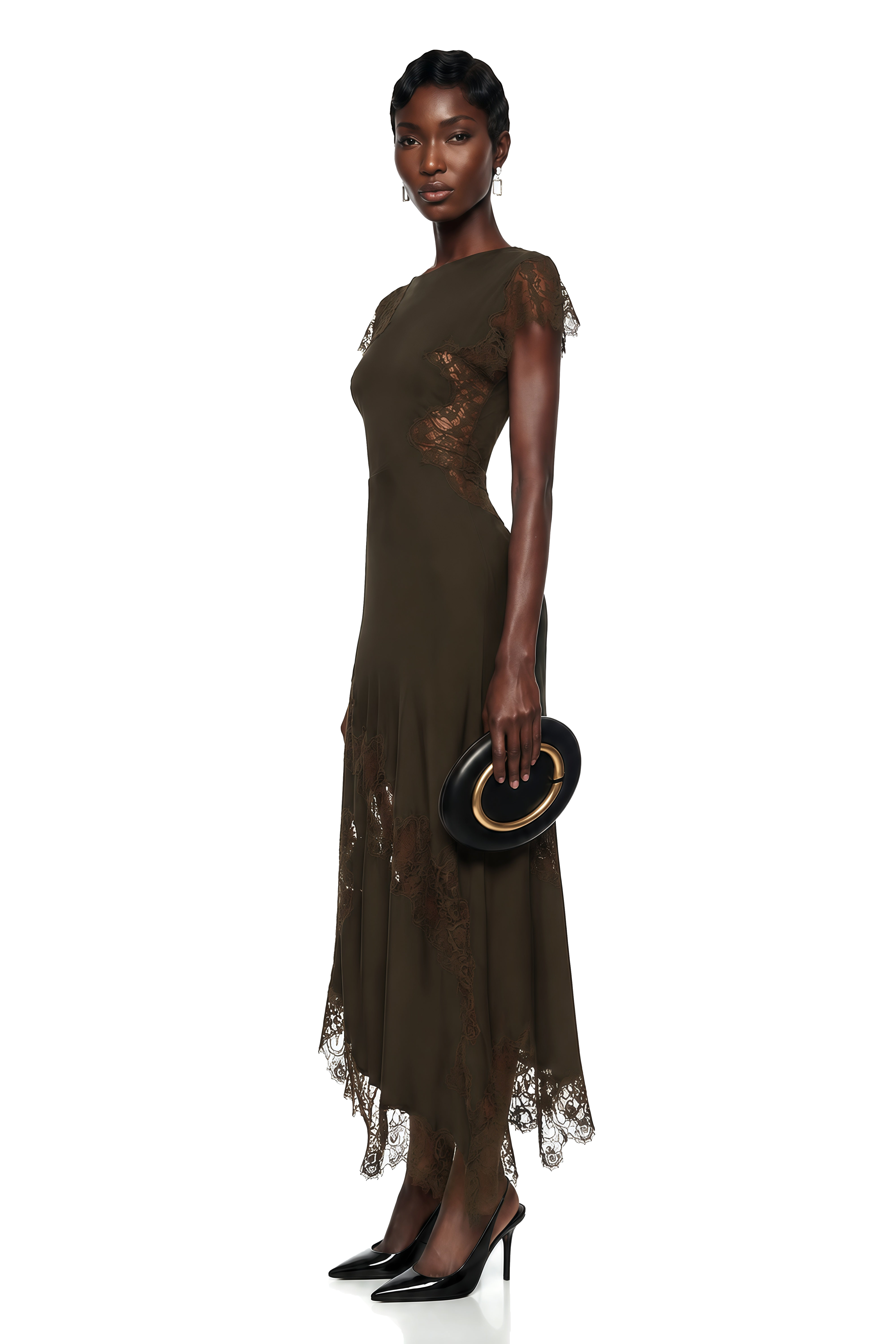 asymmetric lace panel midi dress Jacinta Chocolate Brown Asymmetrical with Panels Gown Size:AU 14 150$ - 199$ The Back Of A This garment fits true