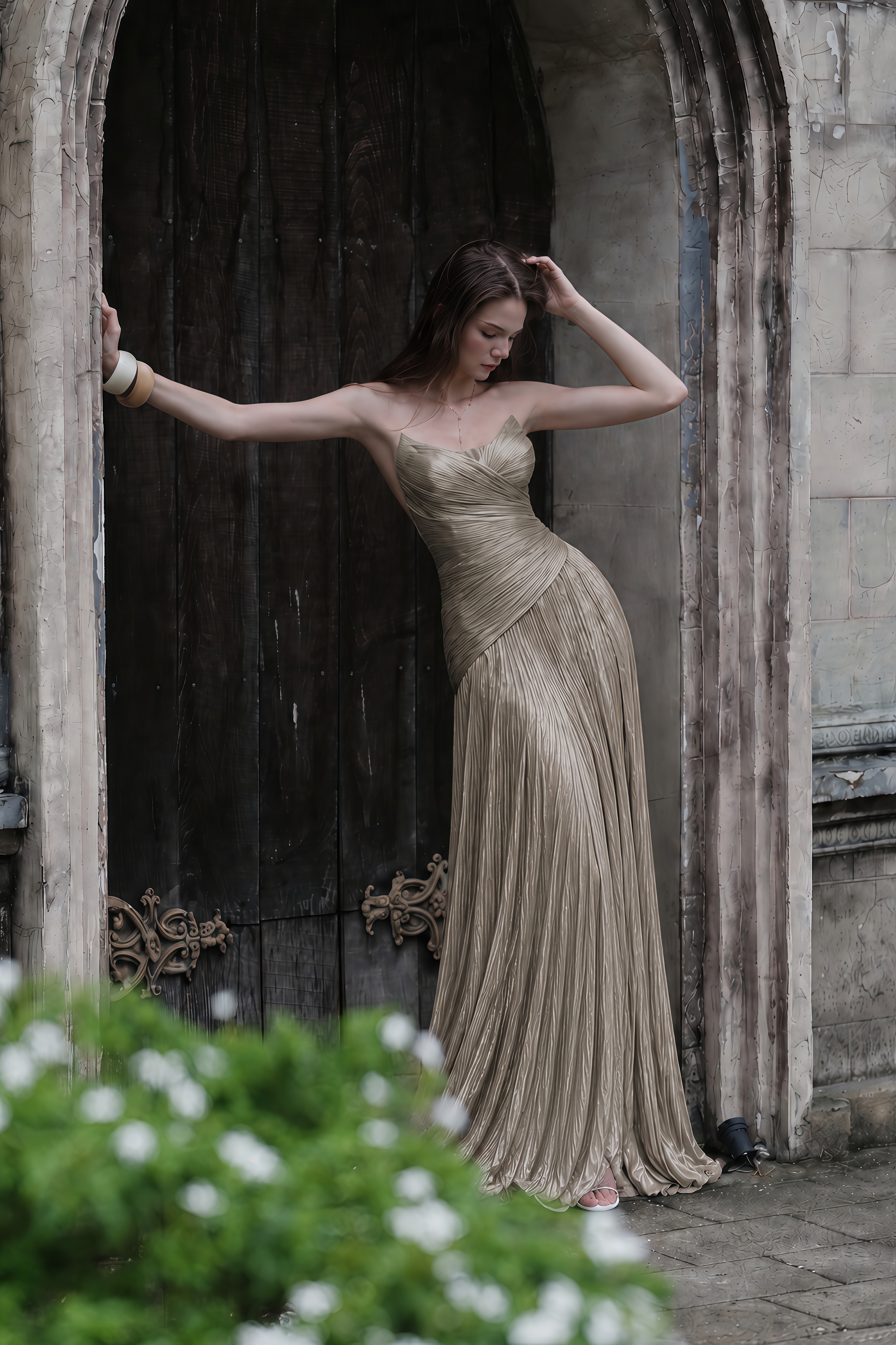 Jacinthe Beige Off Shoulder Pleated Maxi Dress