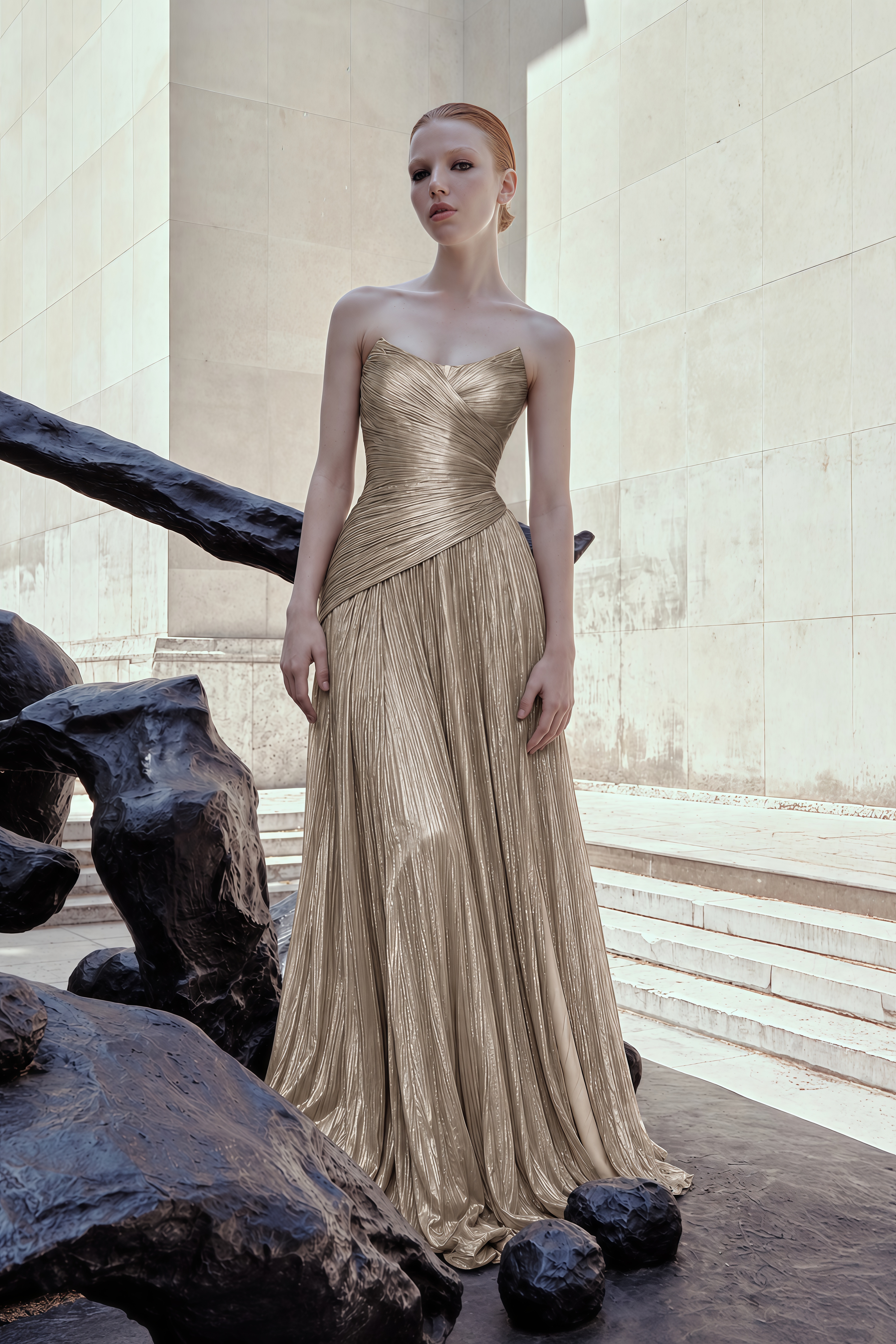 Jacinthe Beige Off Shoulder Pleated Maxi Dress