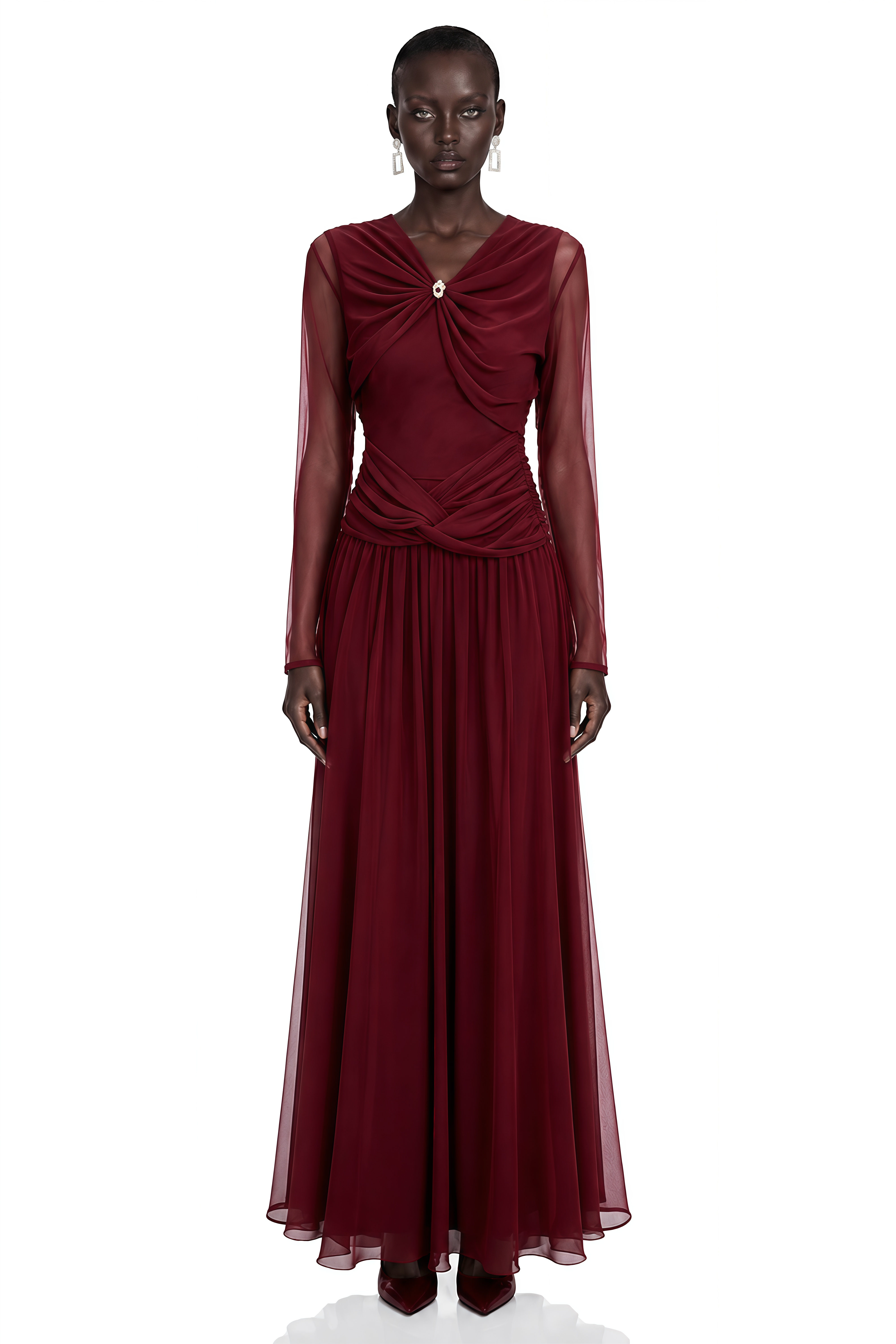 Jalythra Burgundy Ruched Mesh Maxi Dress