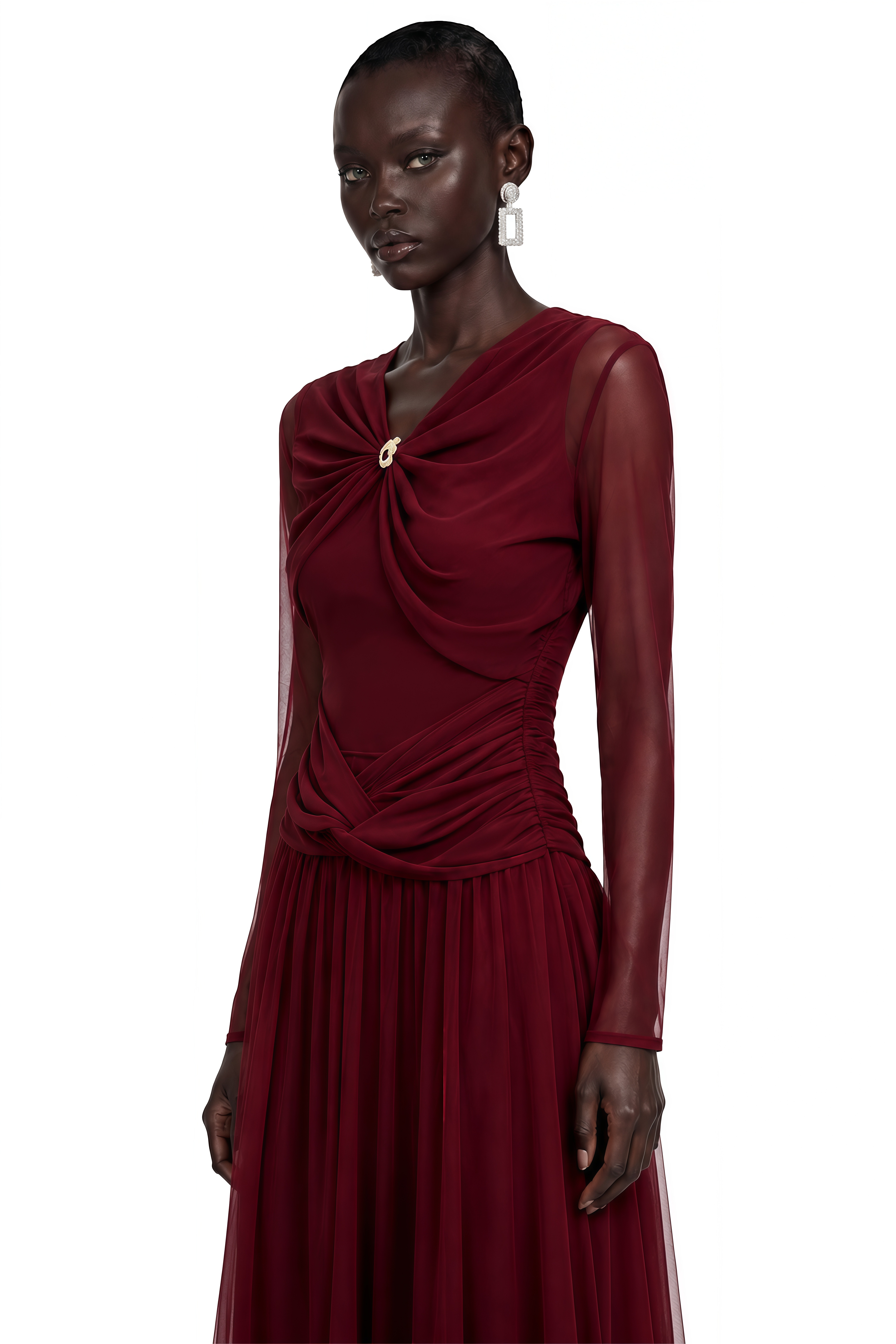 Jalythra Burgundy Ruched Mesh Maxi Dress