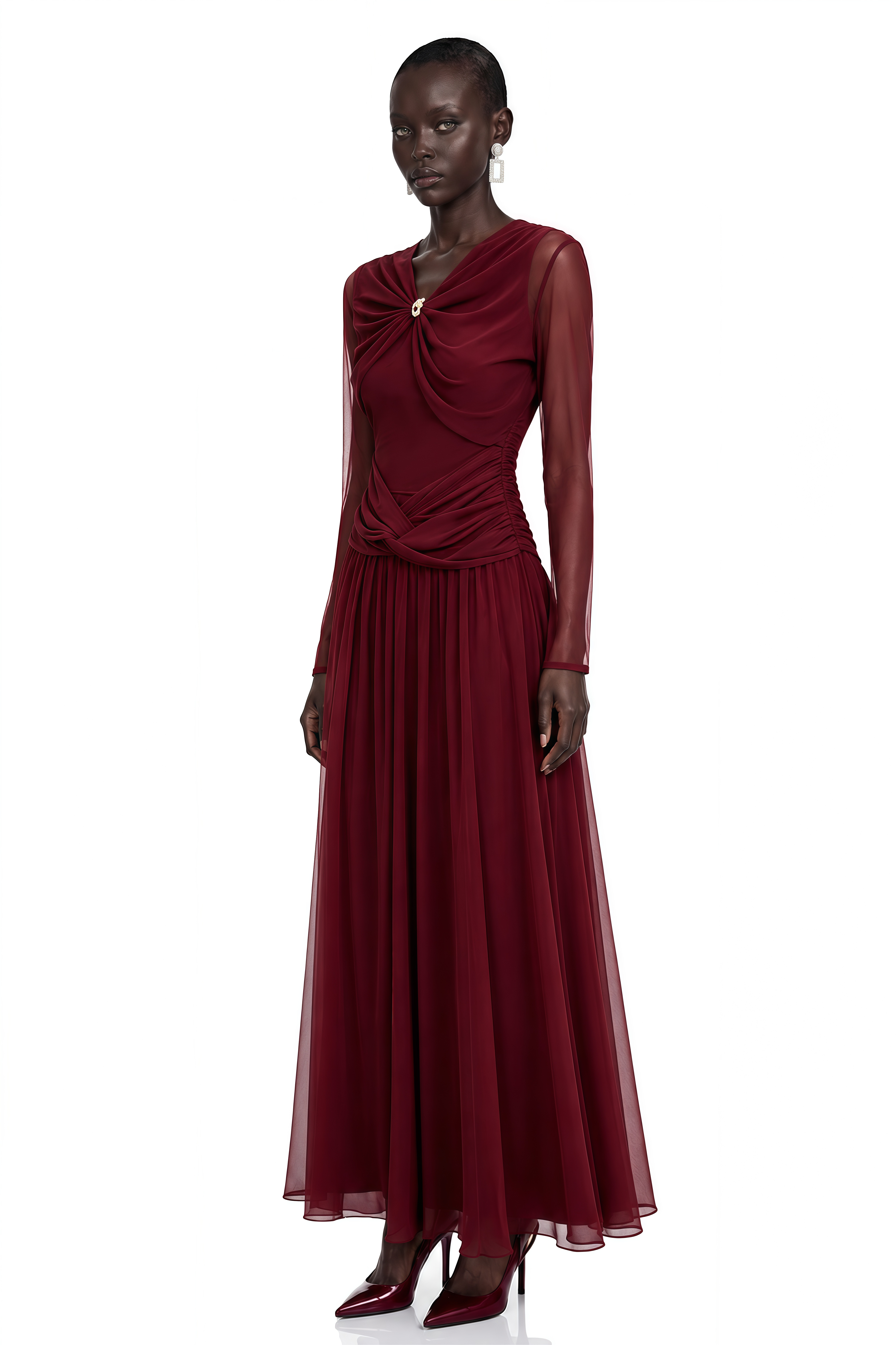 Jalythra Burgundy Ruched Mesh Maxi Dress