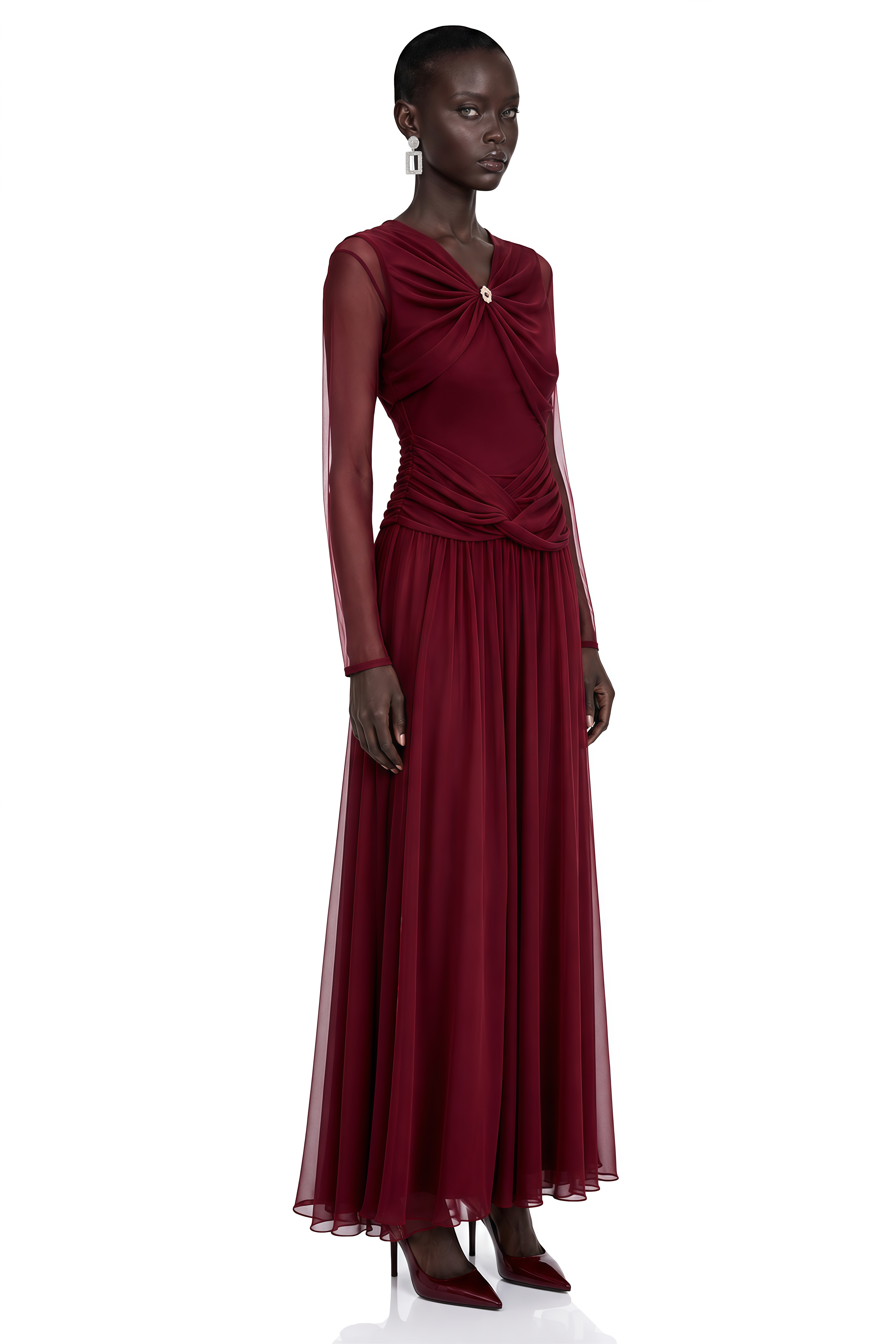 Jalythra Burgundy Ruched Mesh Maxi Dress