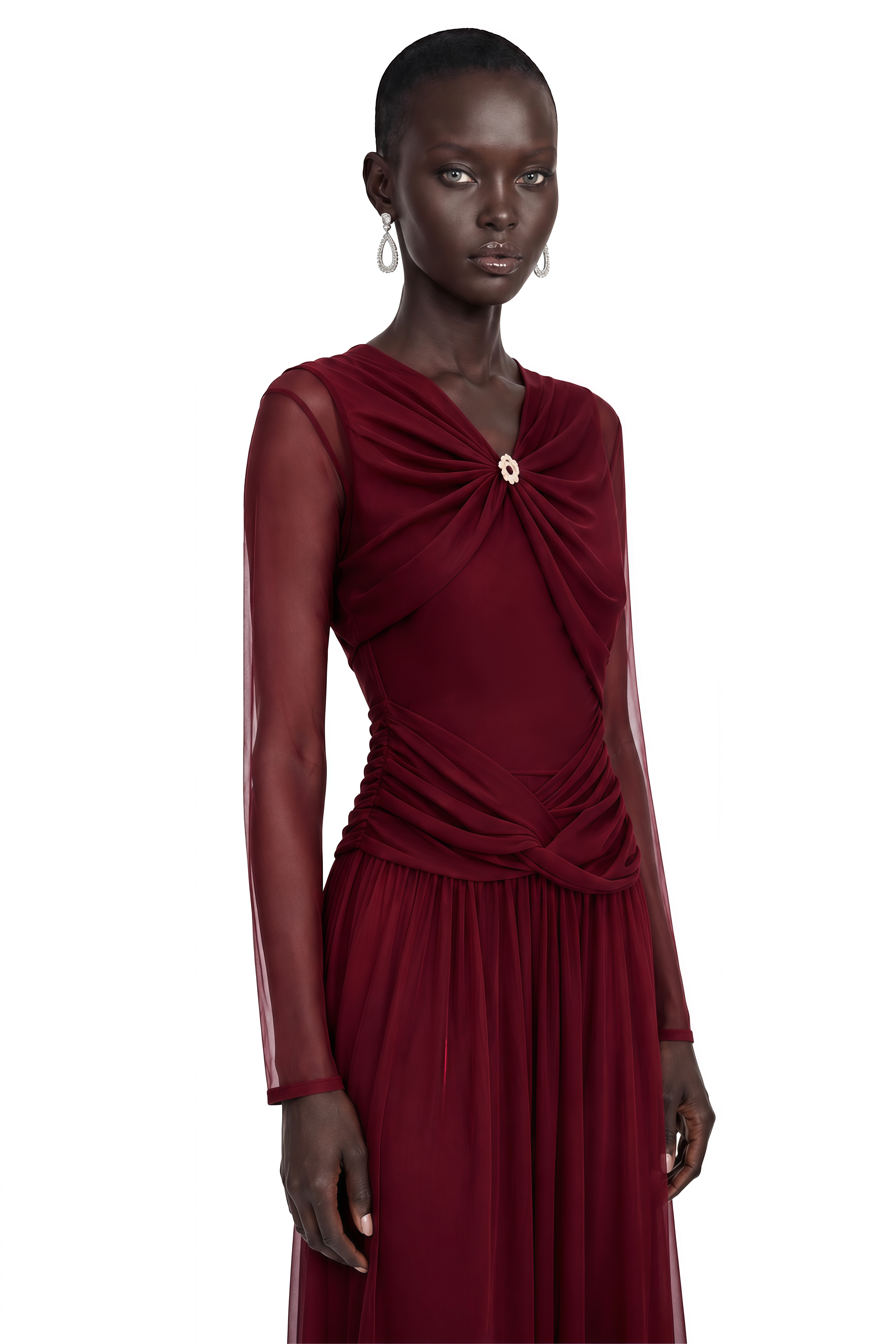Jalythra Burgundy Ruched Mesh Maxi Dress