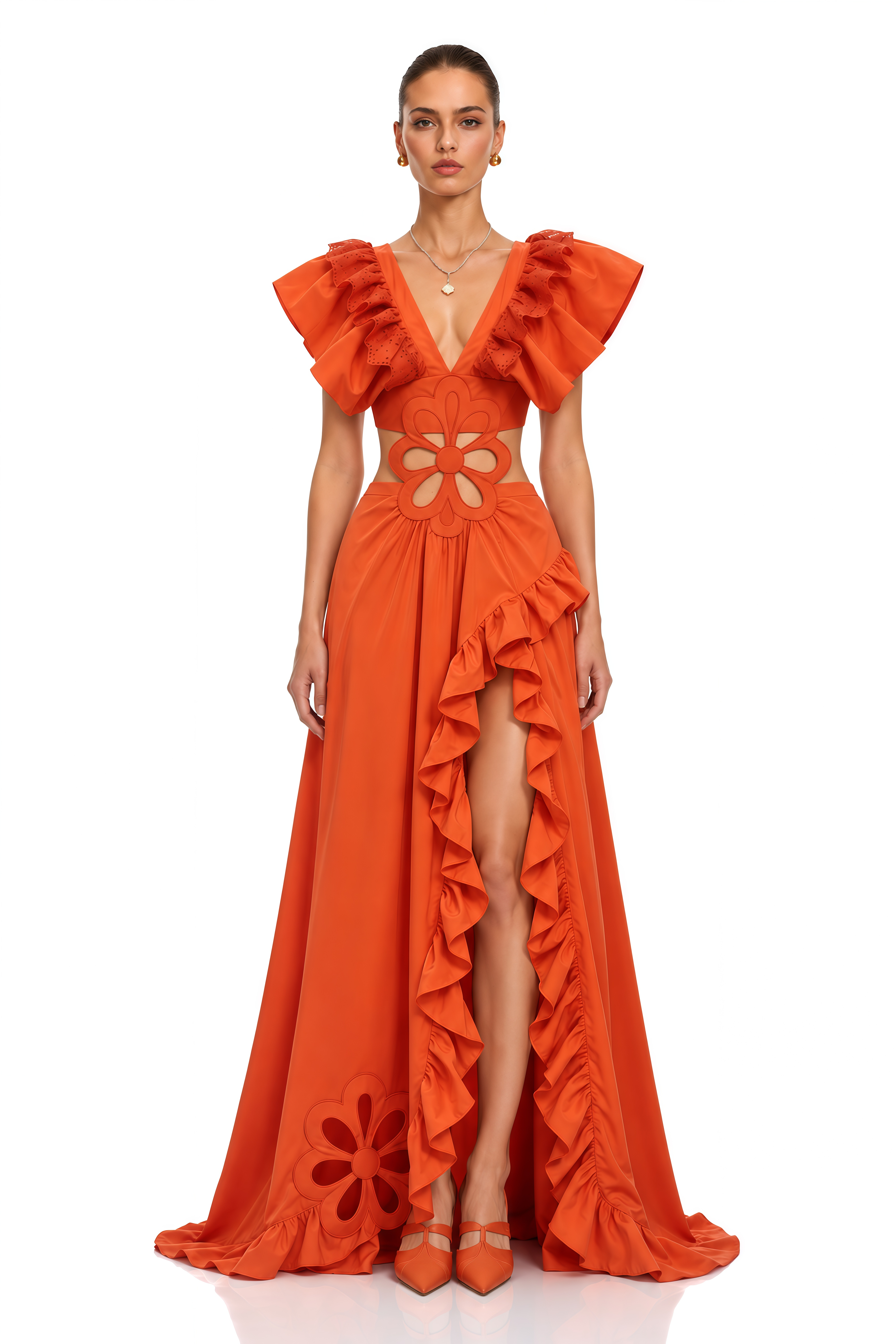 Jamila Orange Floral Cut-Out Ruffle Maxi Dress