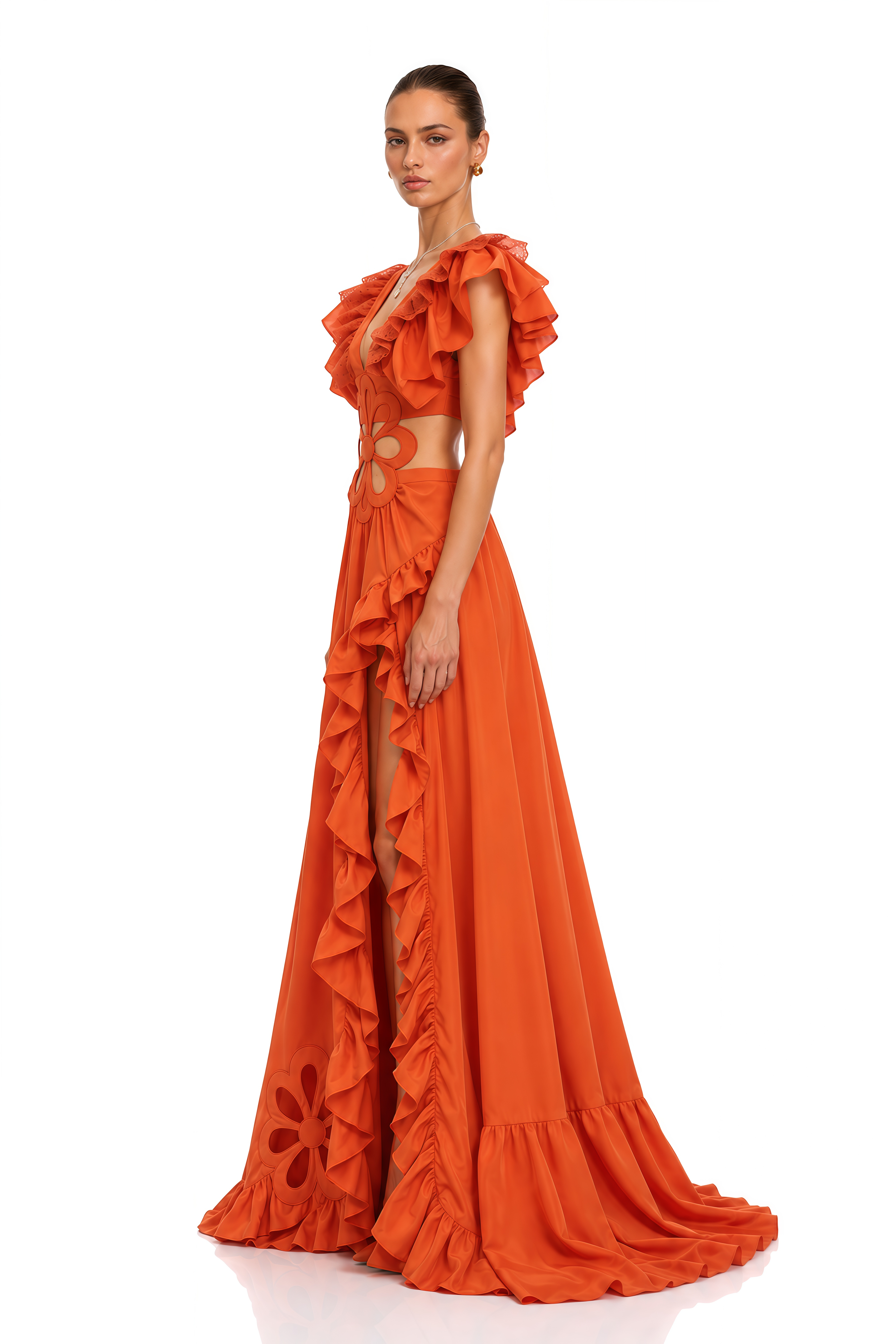 Jamila Orange Floral Cut-Out Ruffle Maxi Dress
