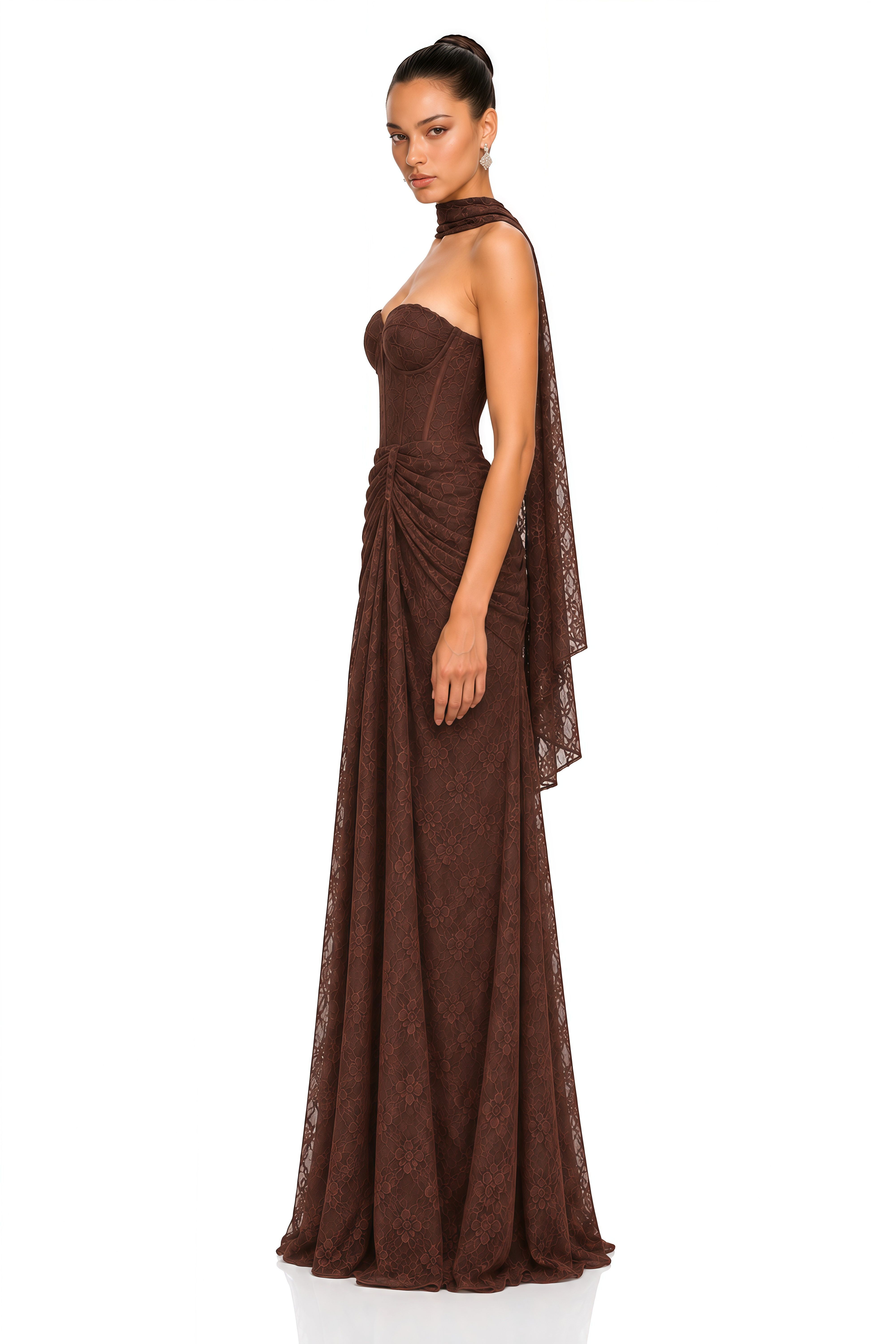 Janat Brown Lace Mermaid Maxi Dress