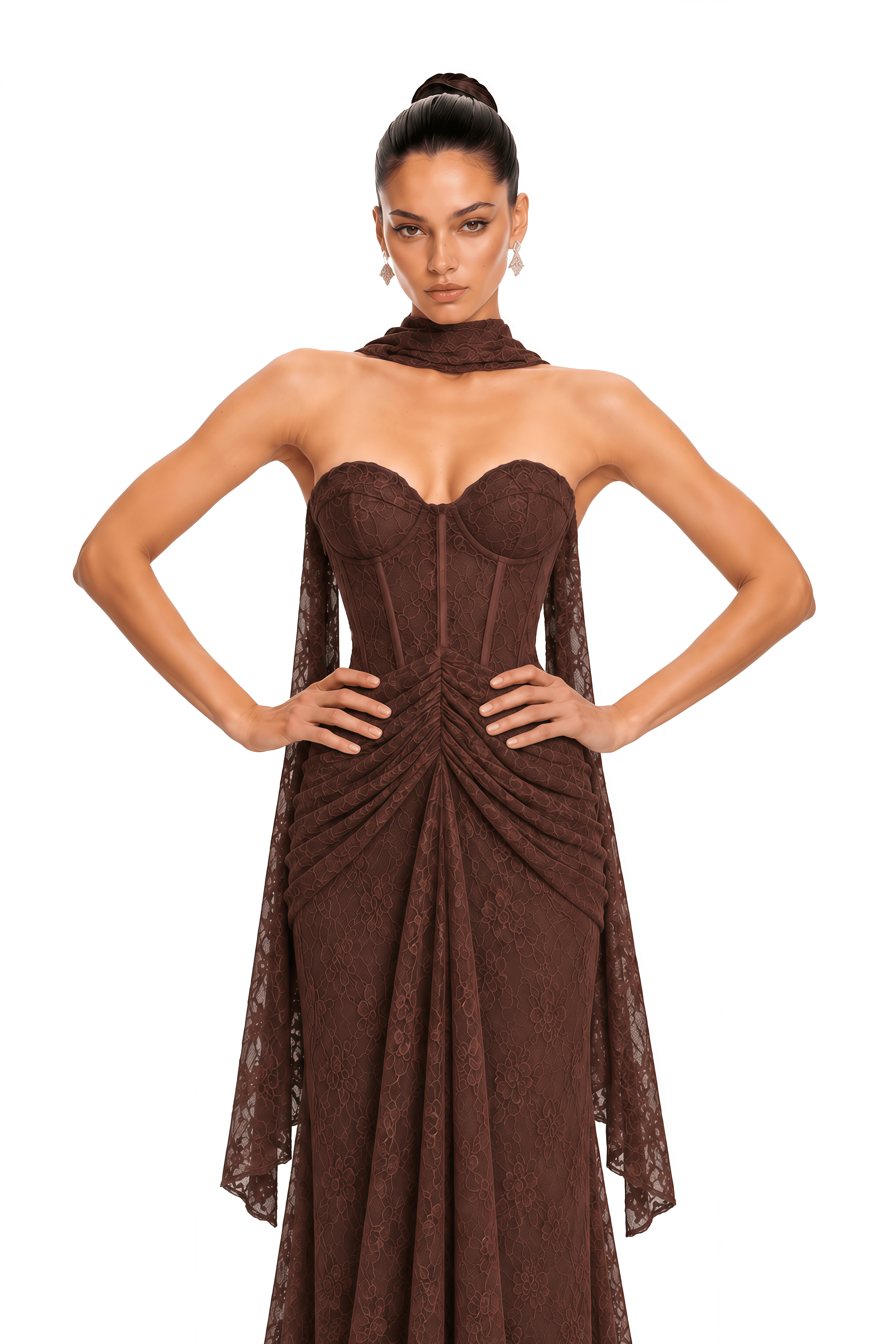 Janat Brown Lace Mermaid Maxi Dress