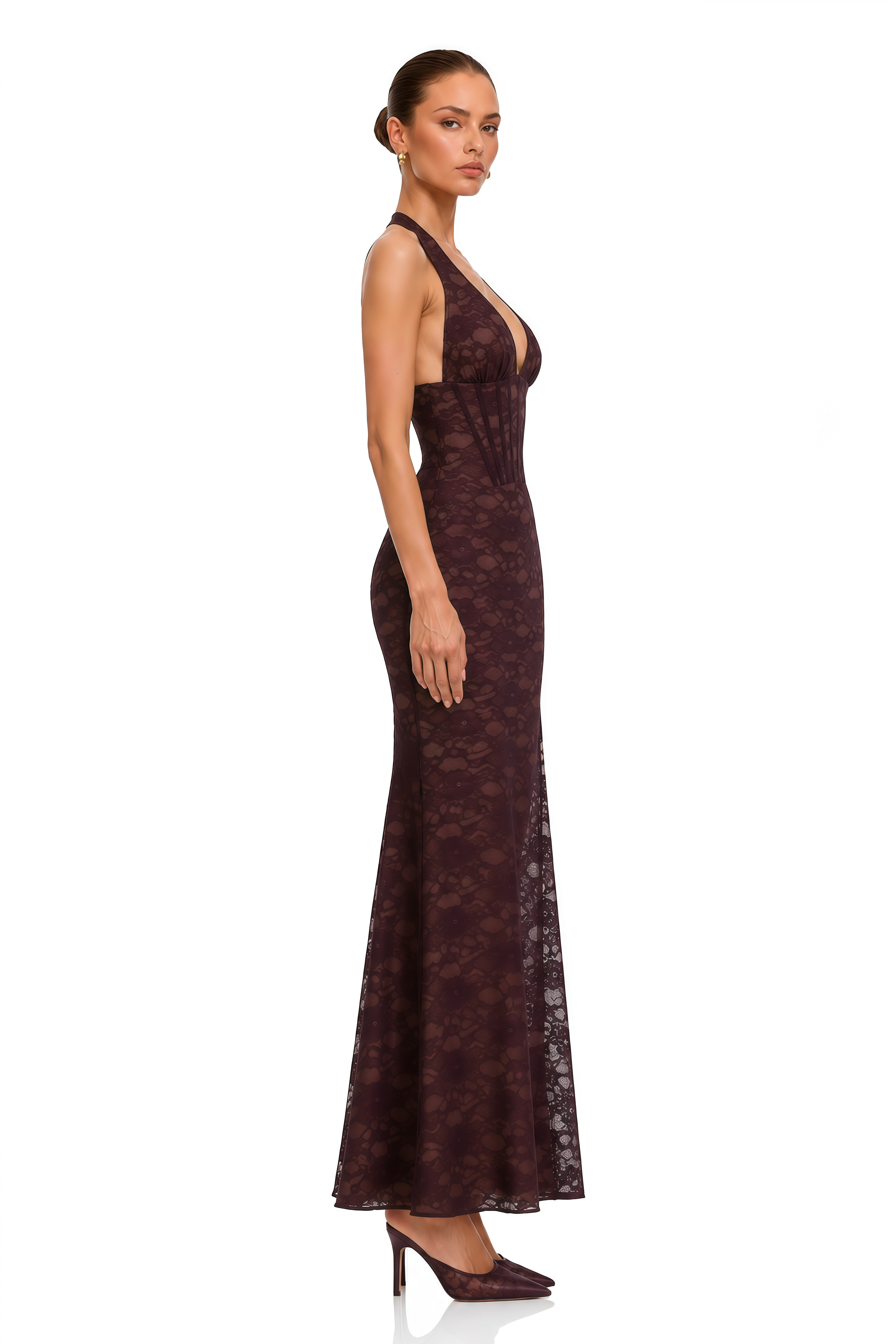 Janiyah Brown Lace Corset Halter Maxi Dress