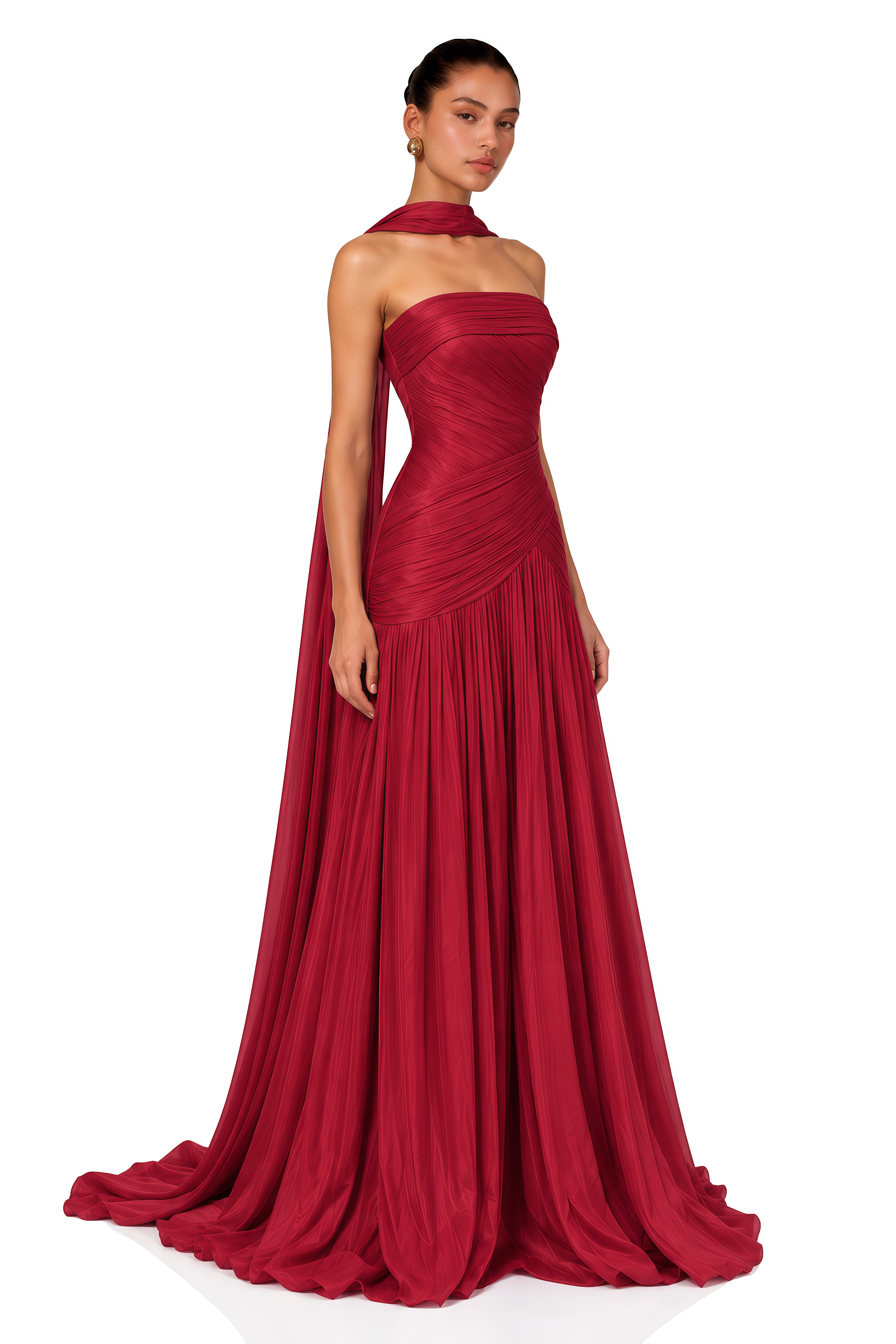Jannat Red Draped Pleated Maxi Dress with Scarf