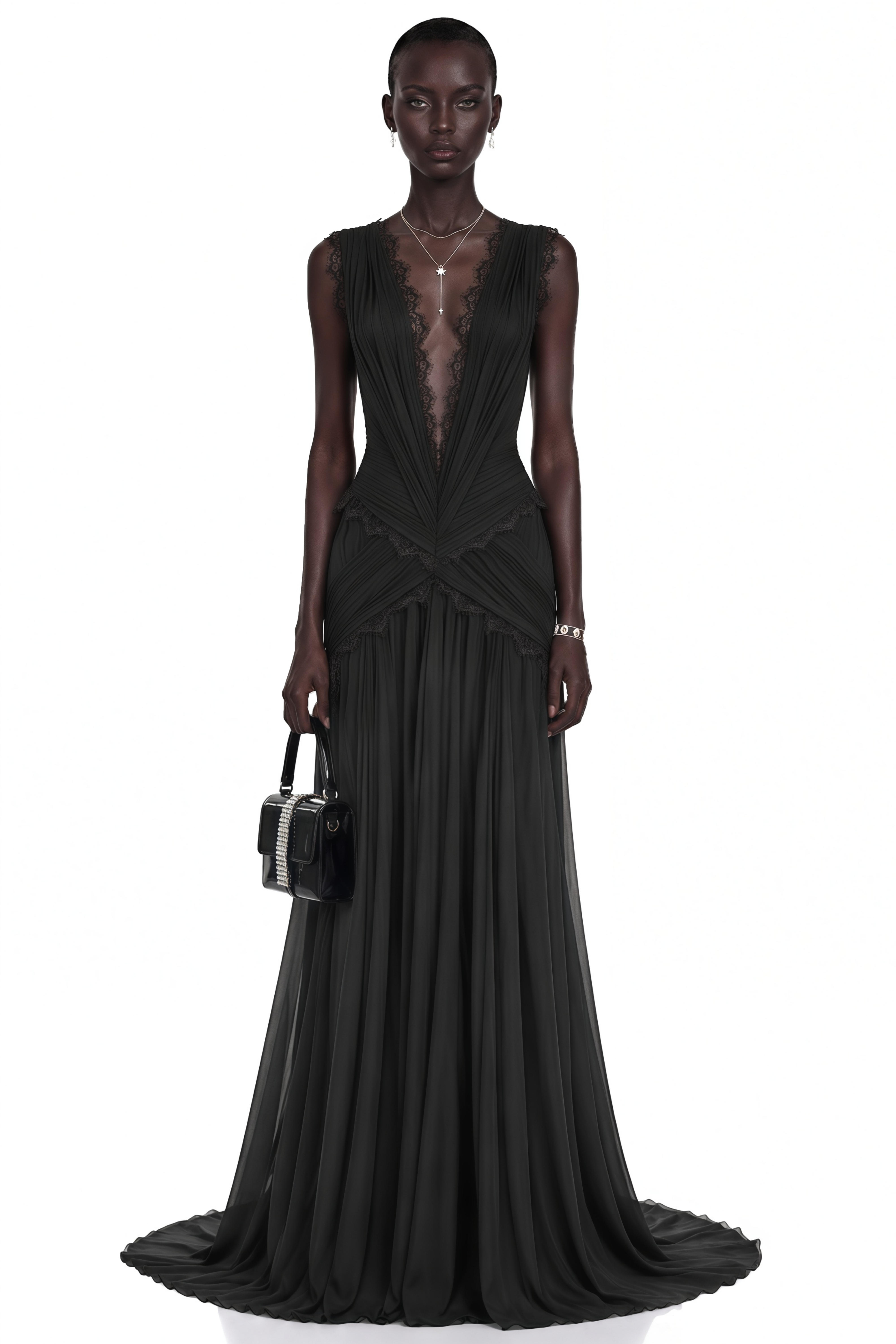 Jasmine Black Plunge Neck Ruched Maxi Dress