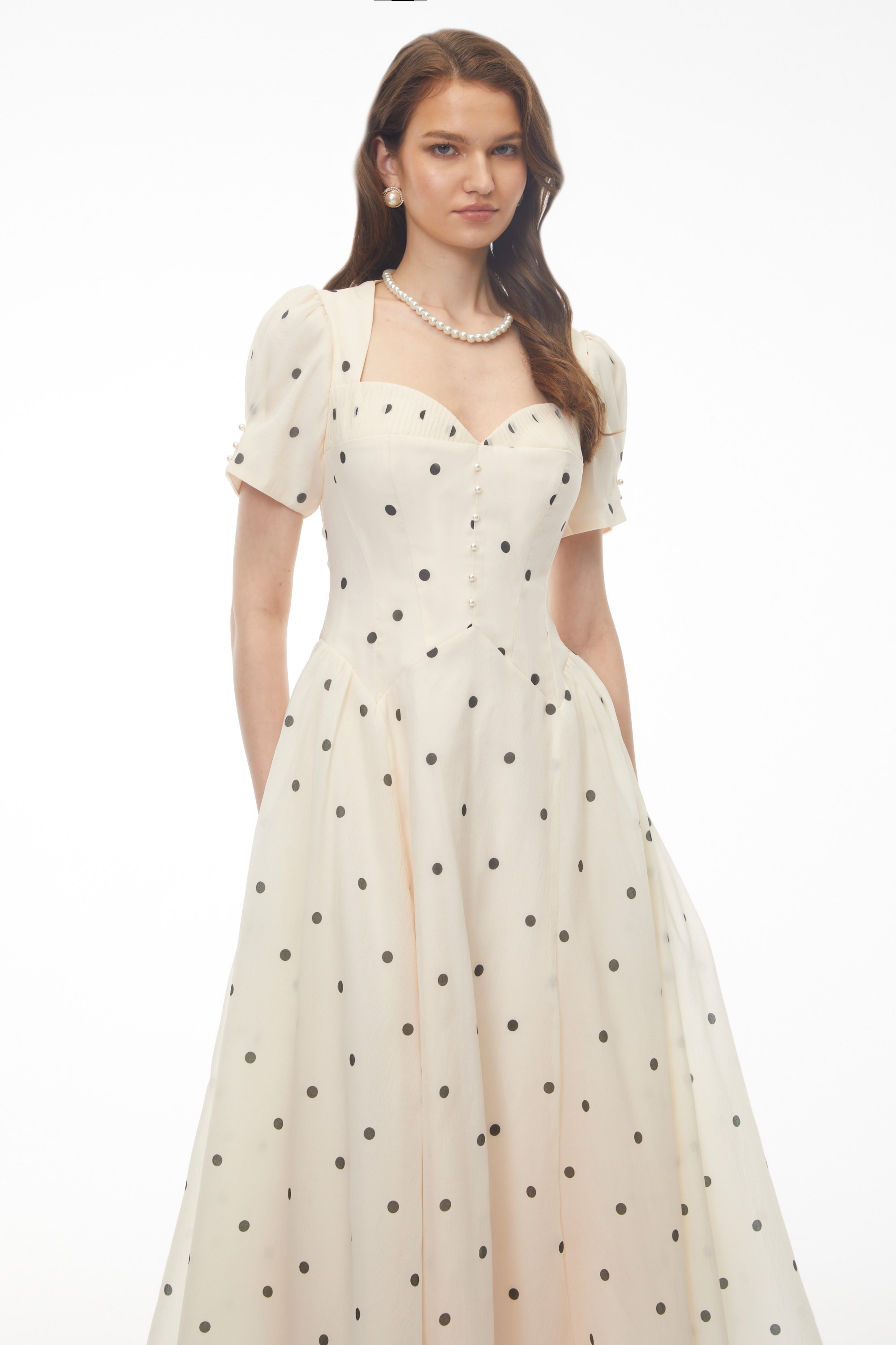 Cream Midi Dress with Black Polka Dots, Sweetheart Neck, and Puff Sleeves