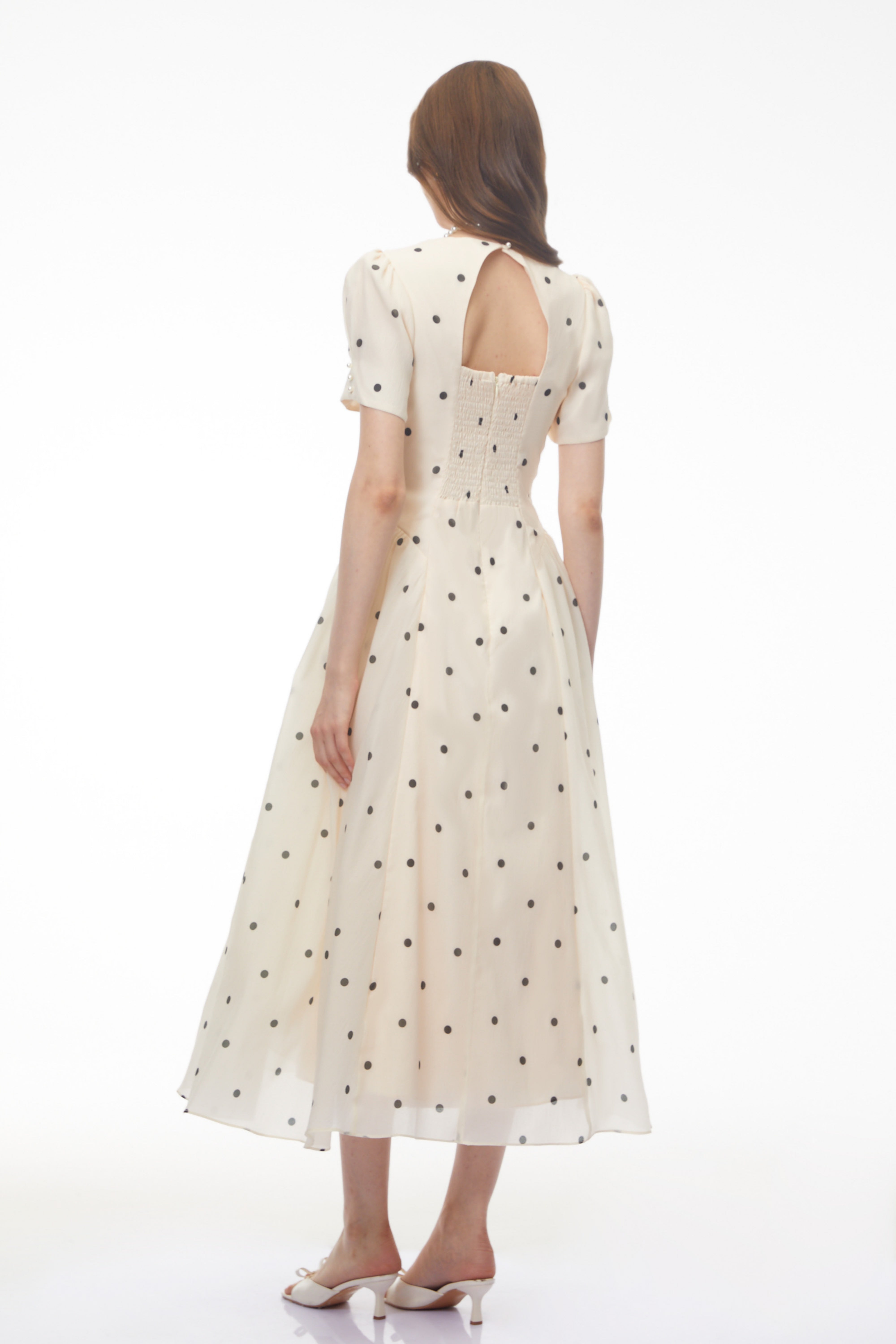 Cream Midi Dress with Black Polka Dots, Sweetheart Neck, and Puff Sleeves