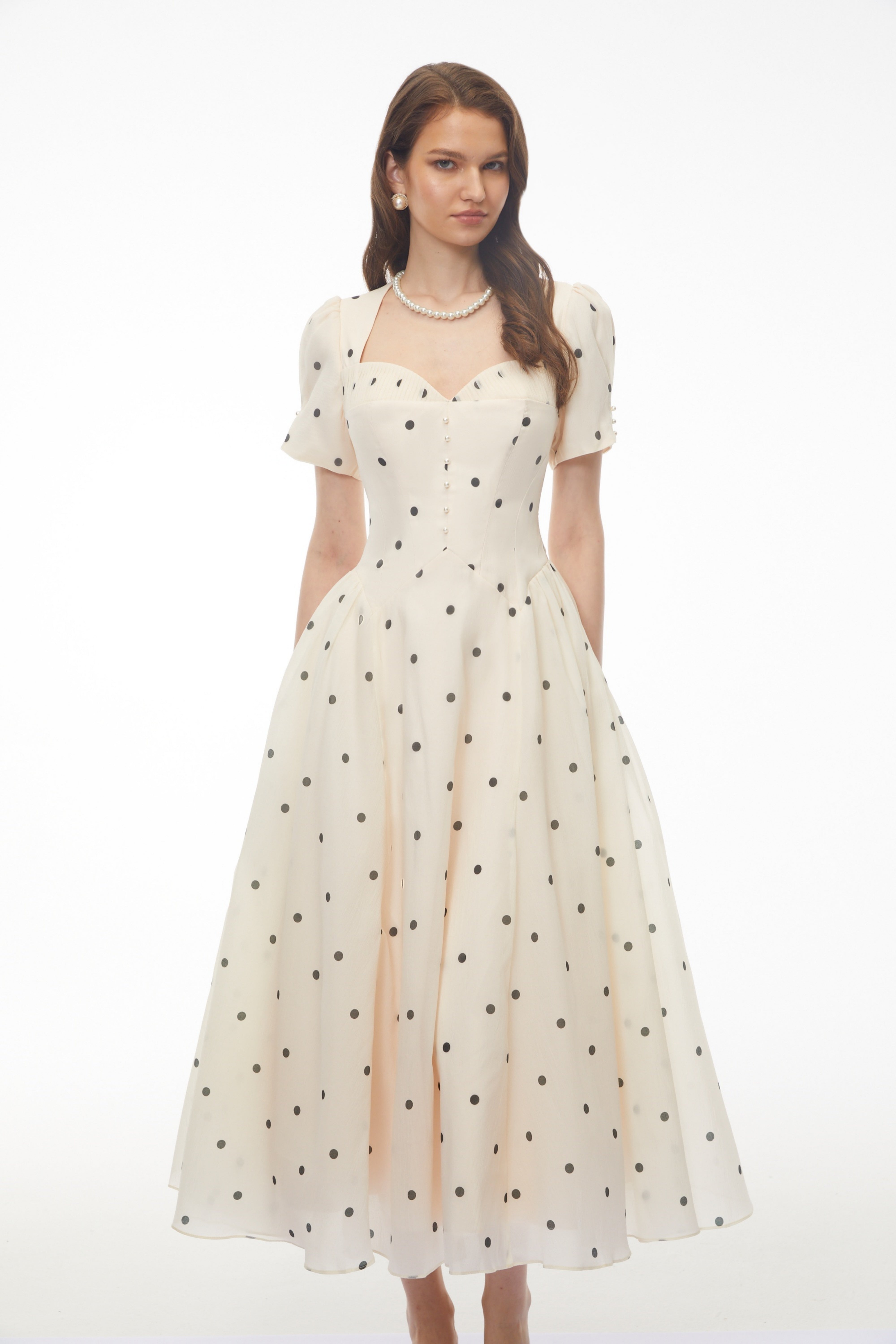 Cream Midi Dress with Black Polka Dots, Sweetheart Neck, and Puff Sleeves