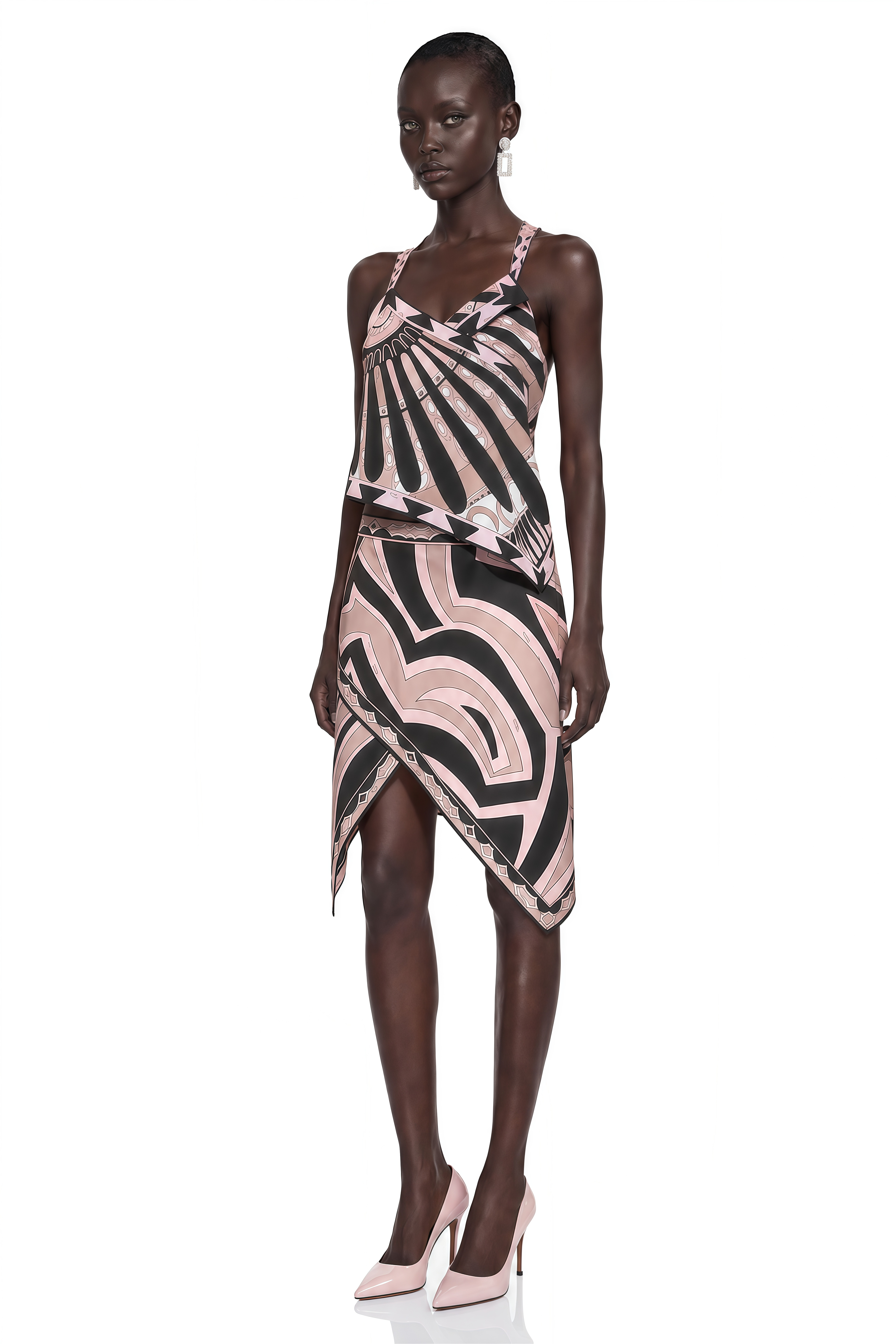 Jaylani Pink Printed Top & Asymmetrical Mini Skirt Set