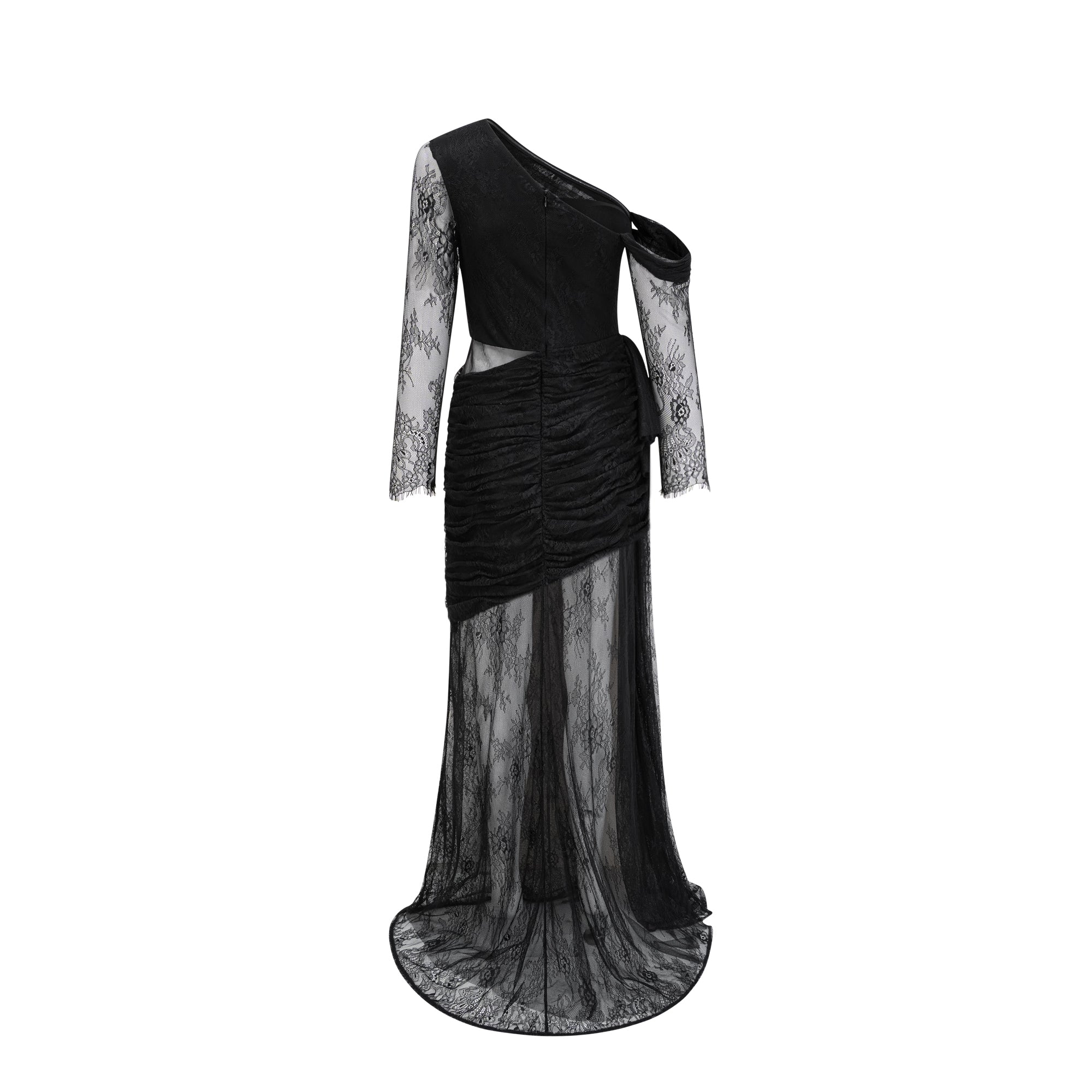 Black One-Shoulder Lace Maxi Dress with Ruched Detailing and High Leg Slit