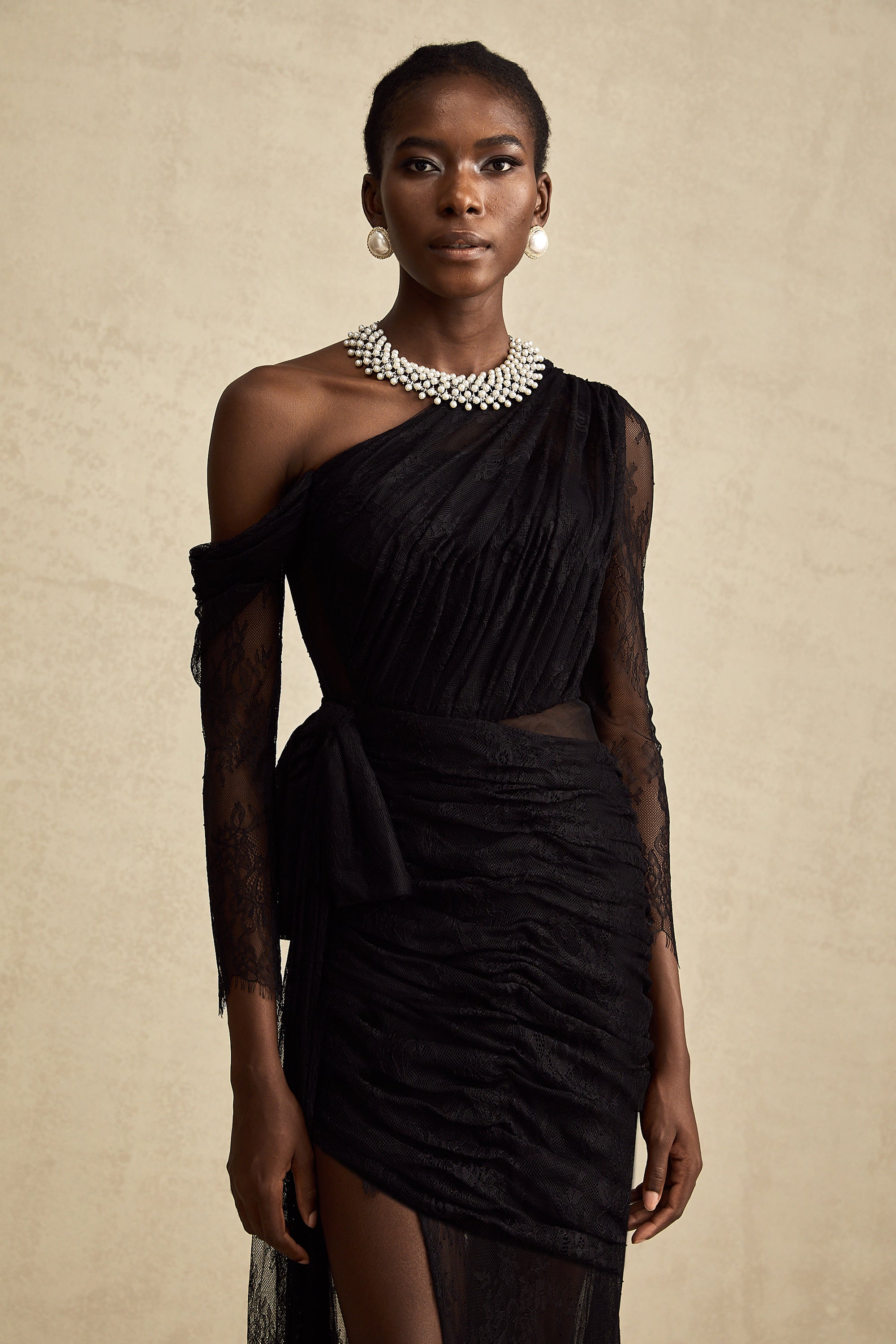 Black One-Shoulder Lace Maxi Dress with Ruched Detailing and High Leg Slit