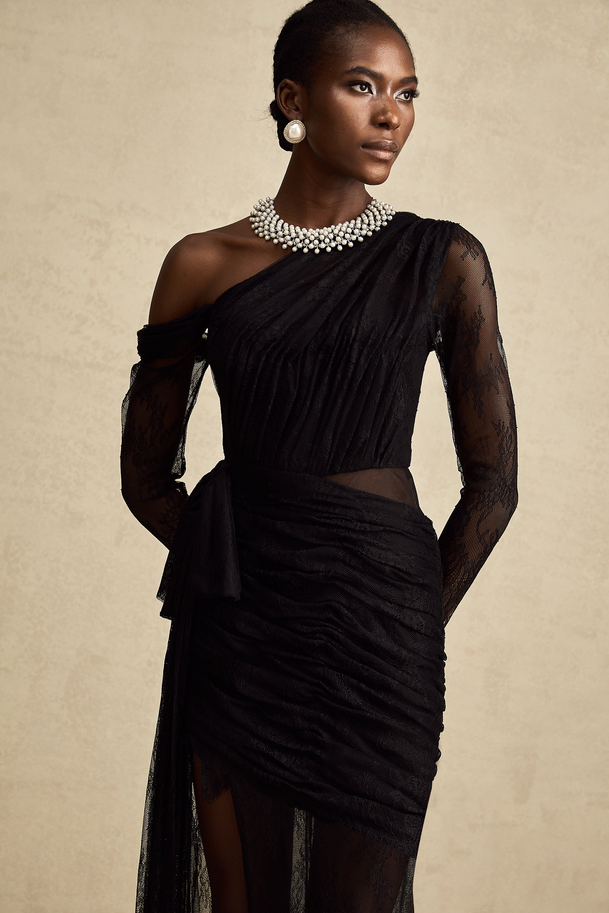 Black One-Shoulder Lace Maxi Dress with Ruched Detailing and High Leg Slit