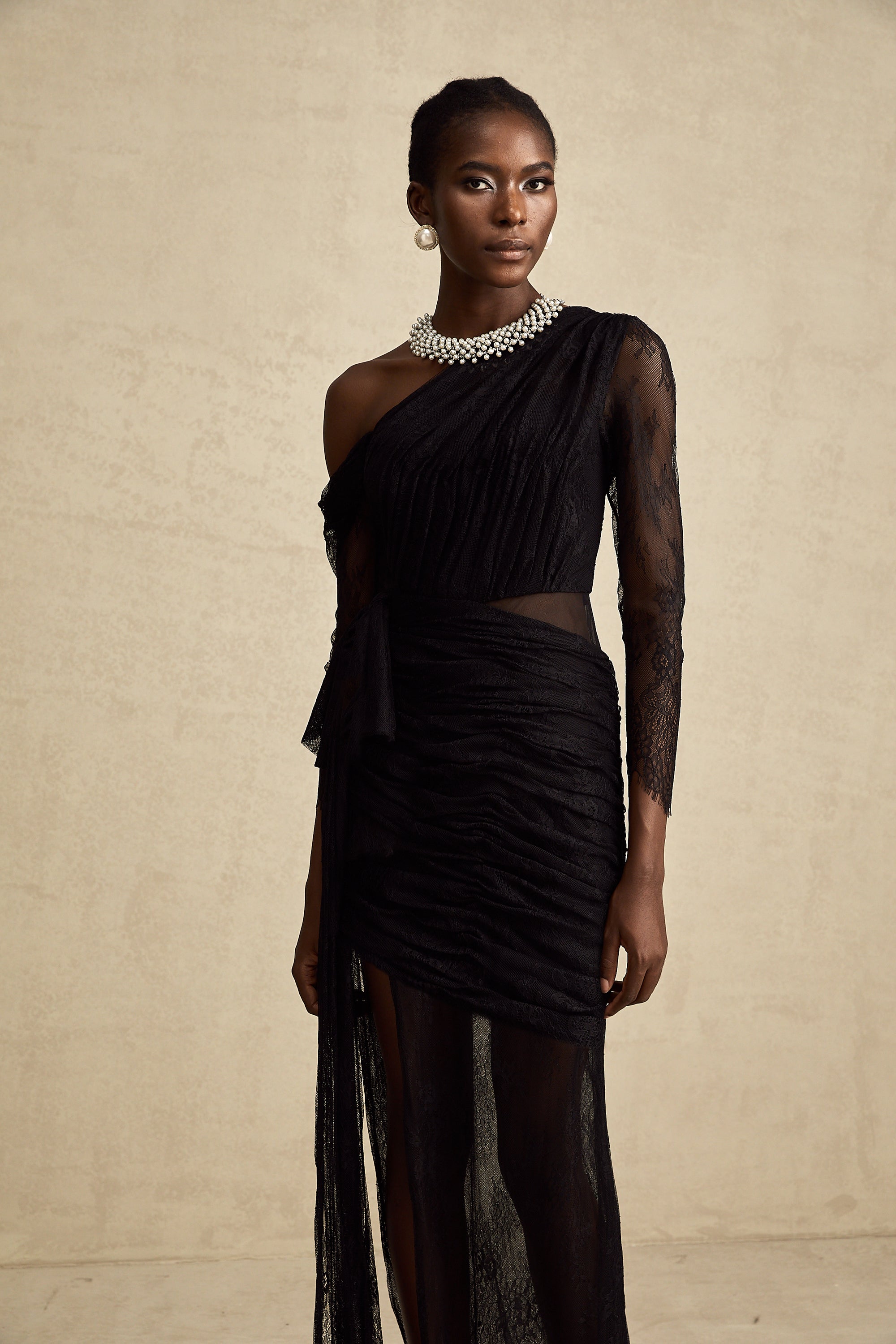 Black One-Shoulder Lace Maxi Dress with Ruched Detailing and High Leg Slit