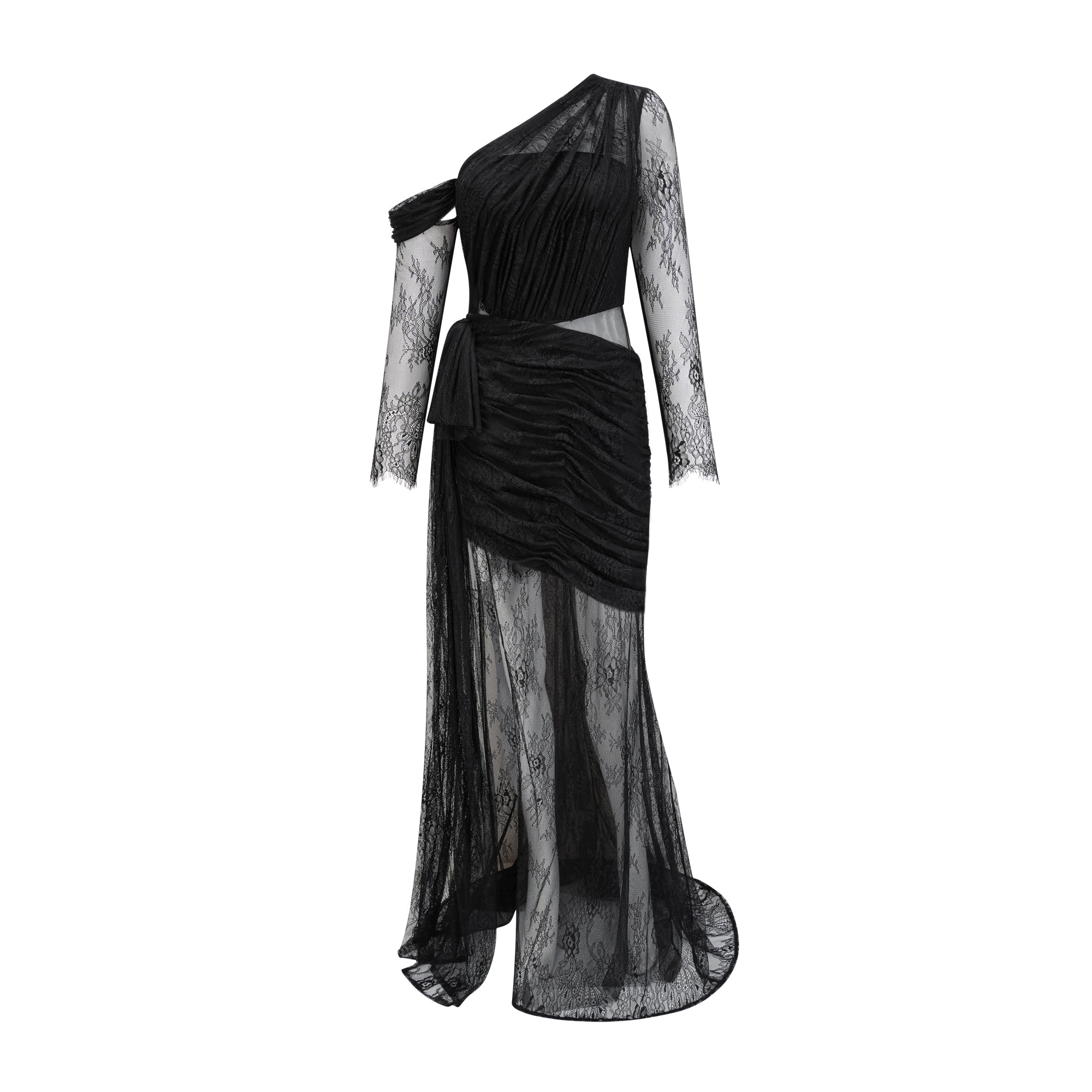Black One-Shoulder Lace Maxi Dress with Ruched Detailing and High Leg Slit