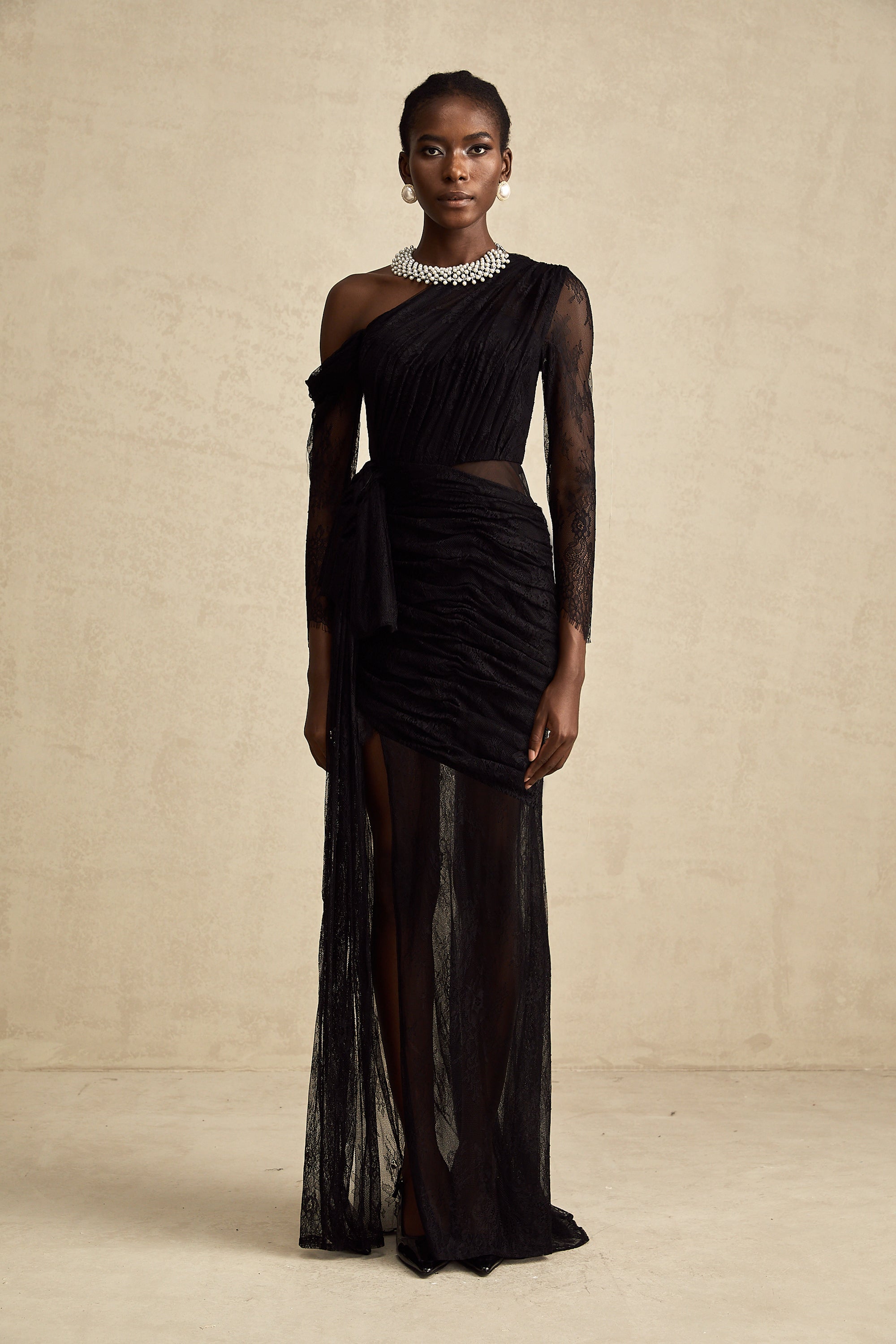 Black One-Shoulder Lace Maxi Dress with Ruched Detailing and High Leg Slit