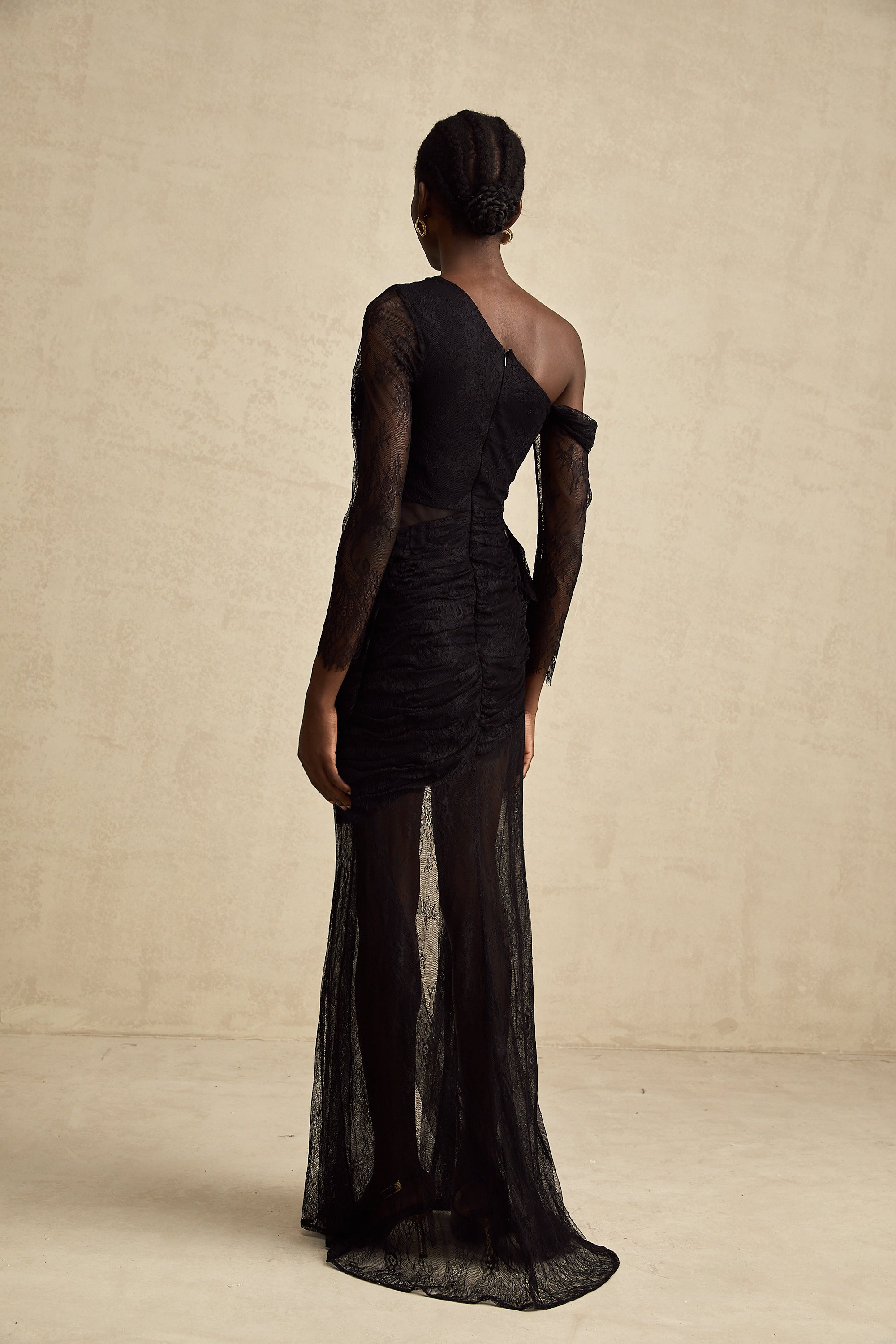 Black One-Shoulder Lace Maxi Dress with Ruched Detailing and High Leg Slit