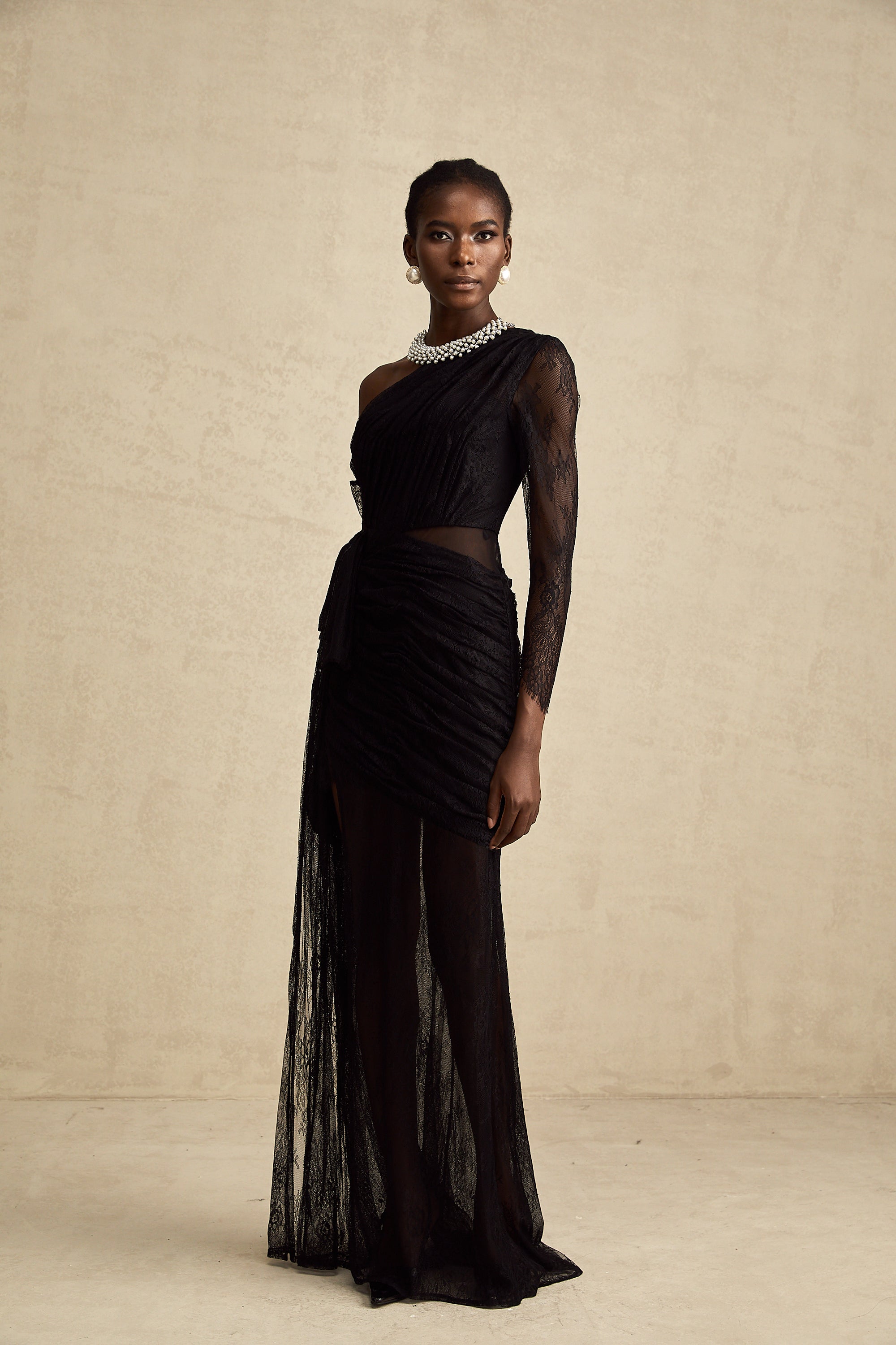 Black One-Shoulder Lace Maxi Dress with Ruched Detailing and High Leg Slit
