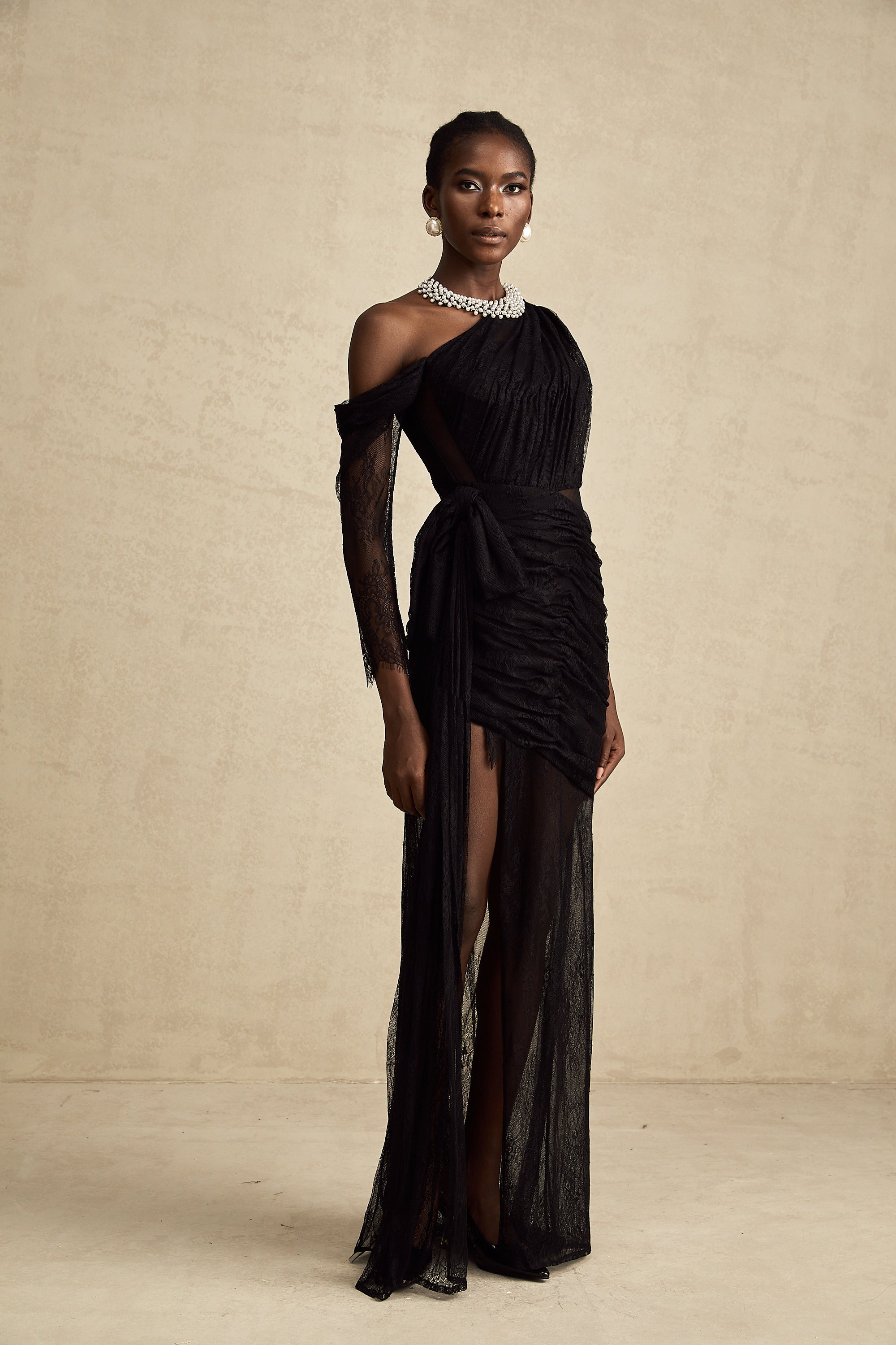 Black One-Shoulder Lace Maxi Dress with Ruched Detailing and High Leg Slit