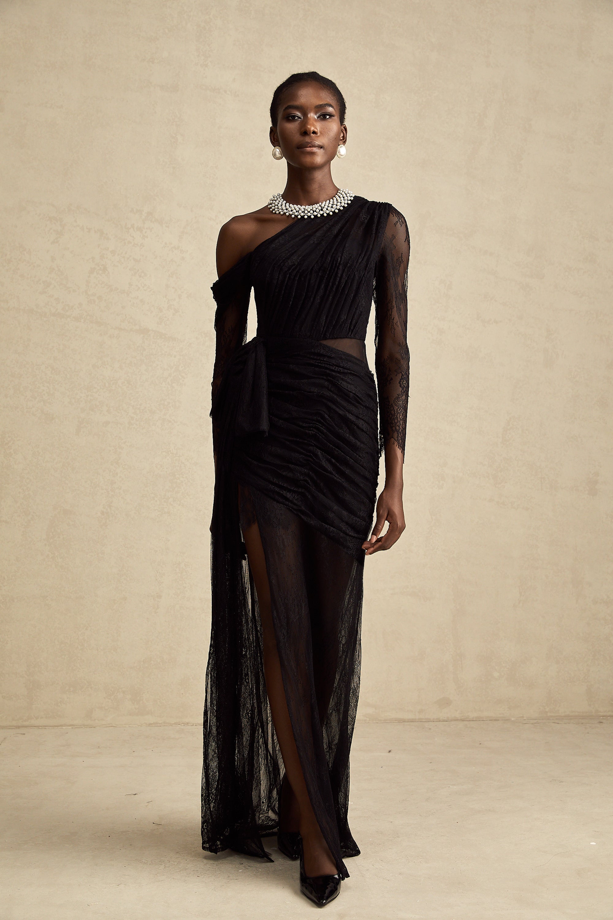 Black One-Shoulder Lace Maxi Dress with Ruched Detailing and High Leg Slit