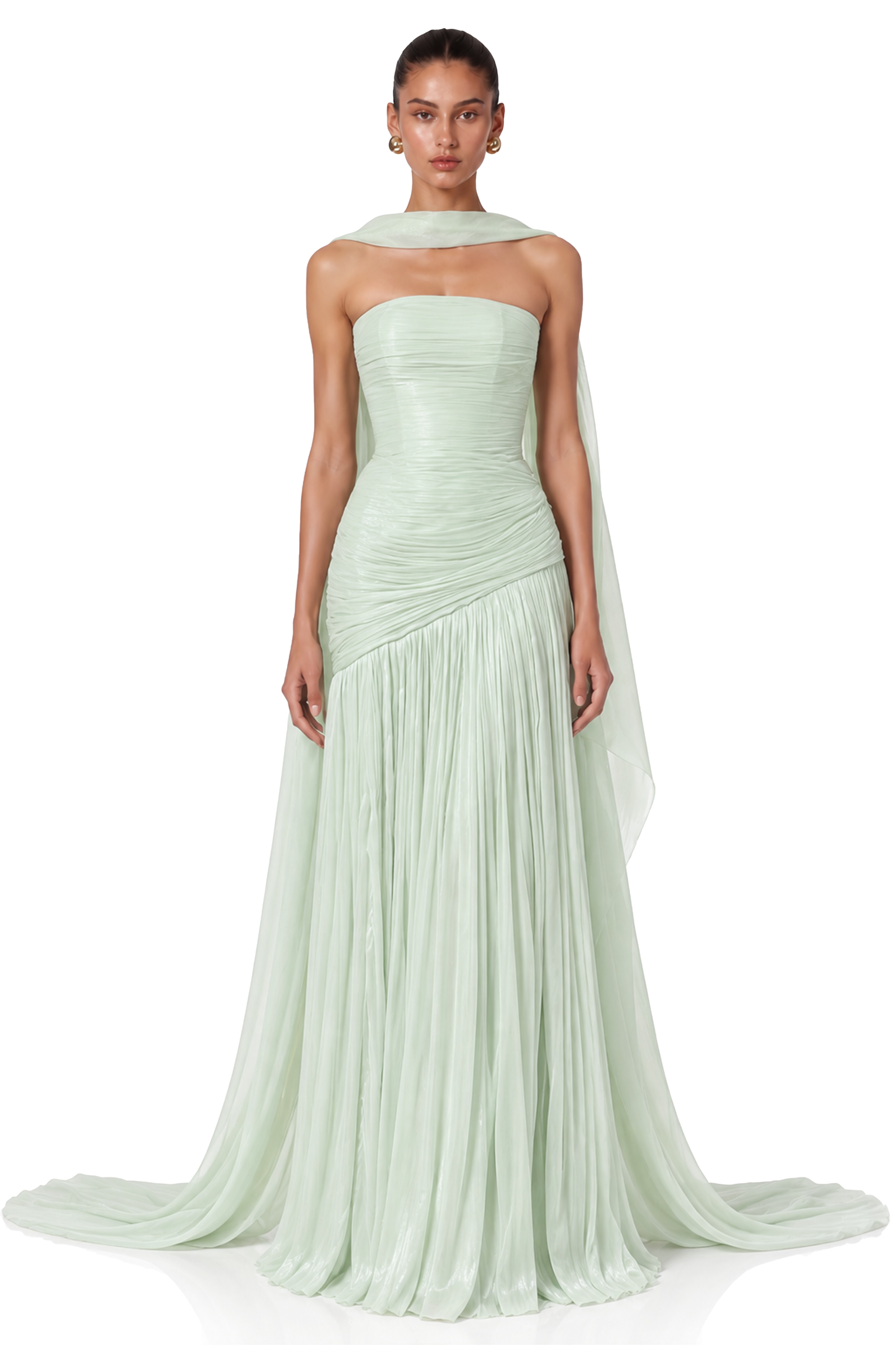 Jenna Mint Green Ruched Strapless Maxi Dress with Scarf