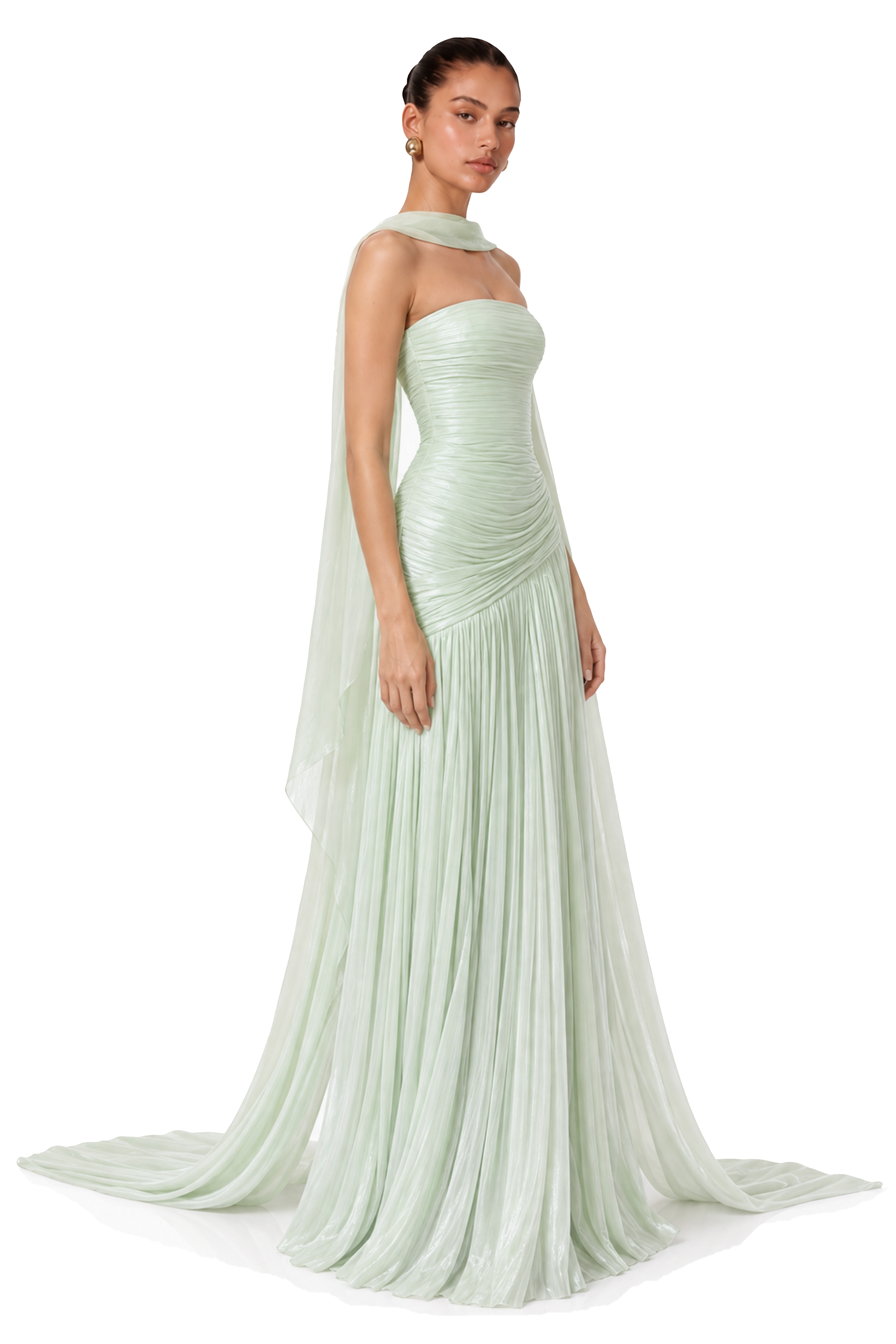 Jenna Mint Green Ruched Strapless Maxi Dress with Scarf