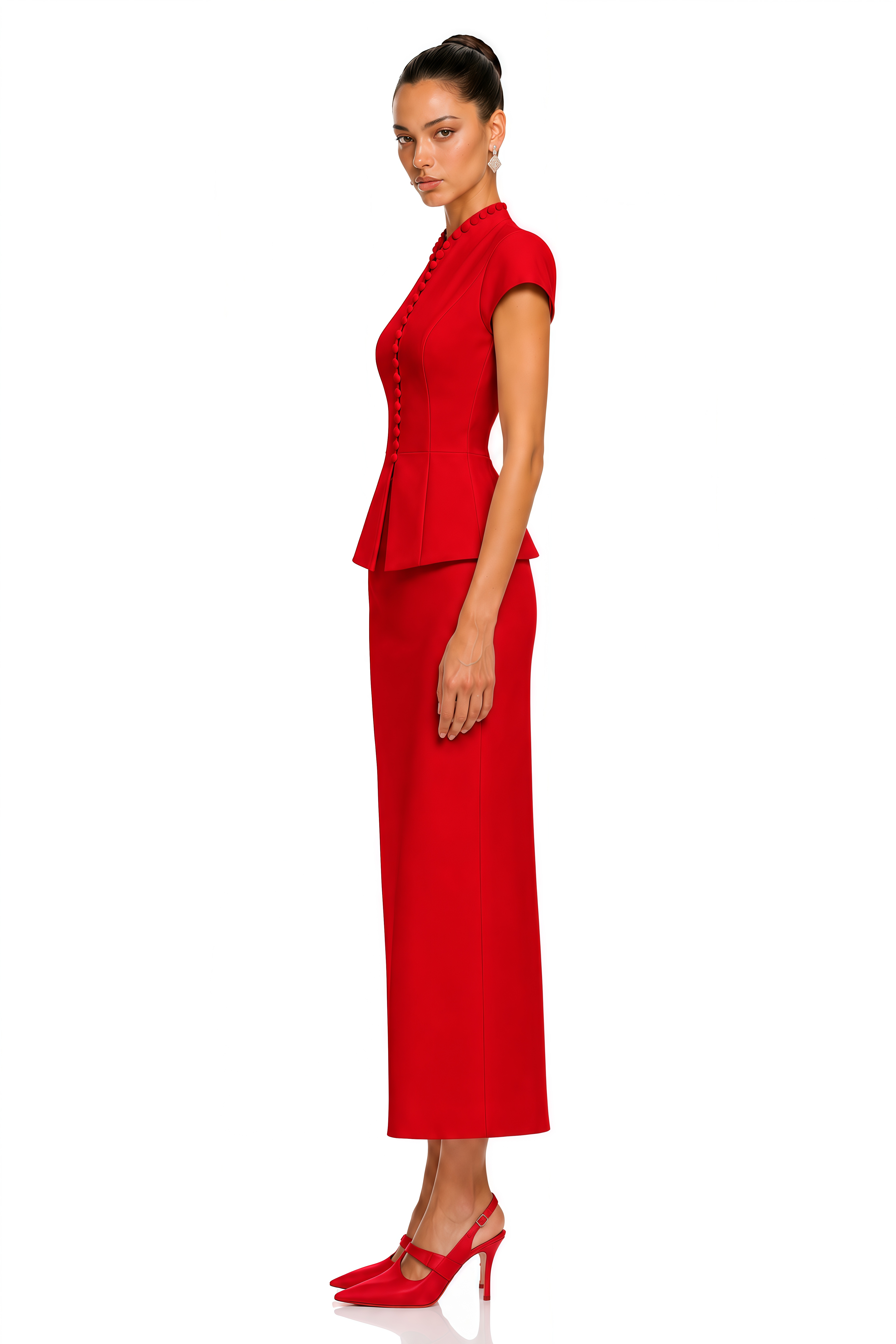 Joana Red Cap Sleeve Peplum Jacket & Midi Skirt Set