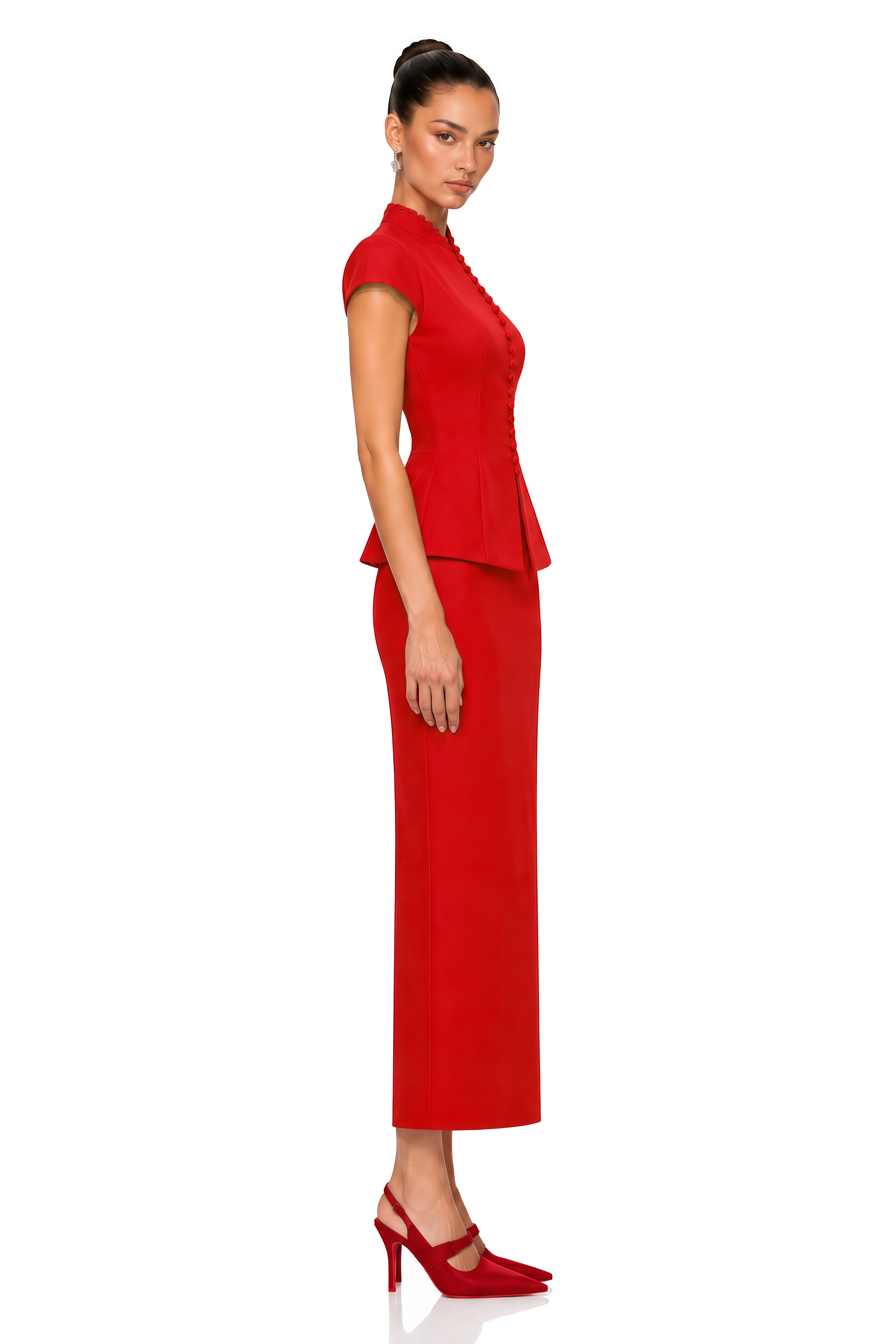 Joana Red Cap Sleeve Peplum Jacket & Midi Skirt Set