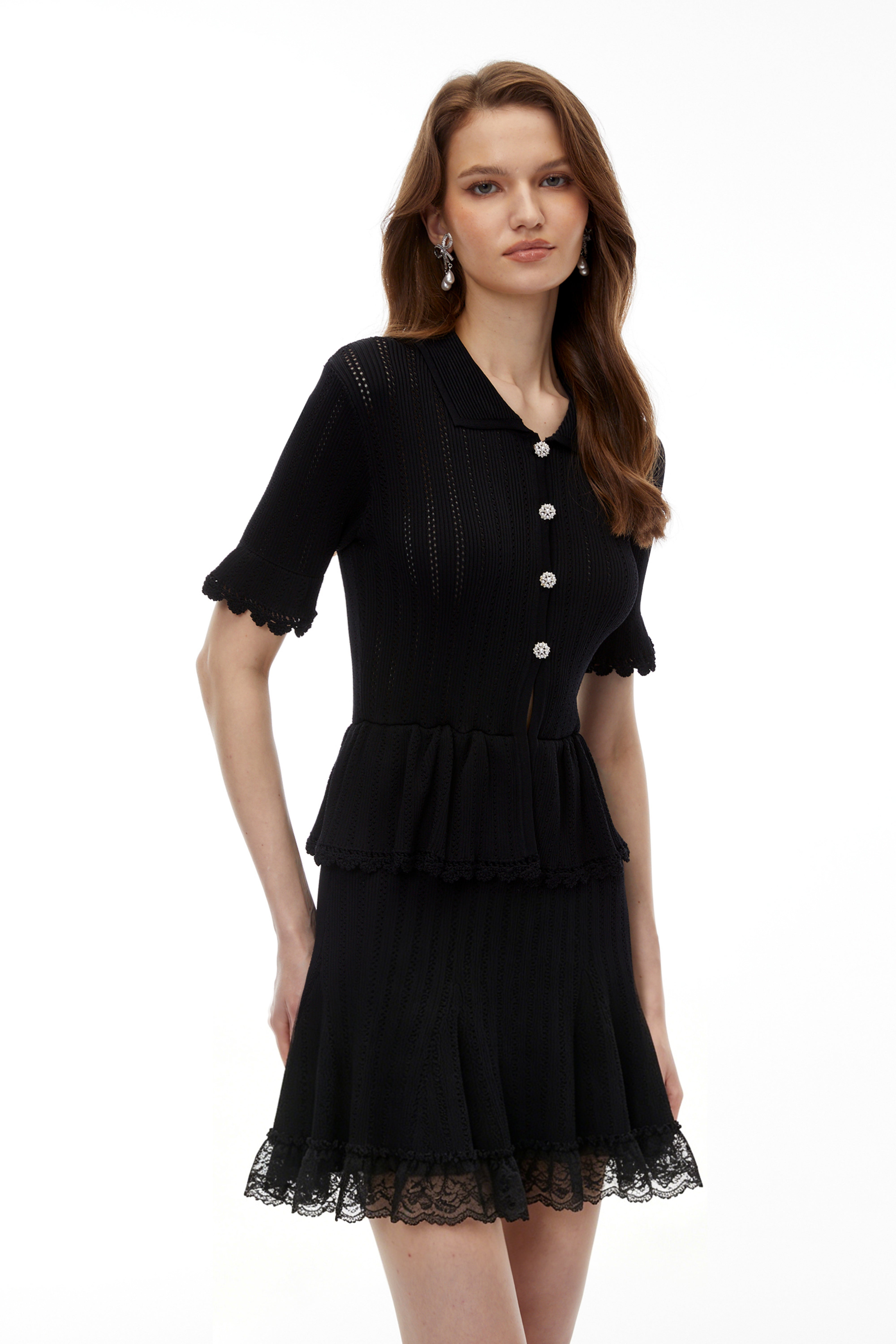 Black collared short-sleeve knit peplum mini dress with jewel buttons and a lace-trimmed hem