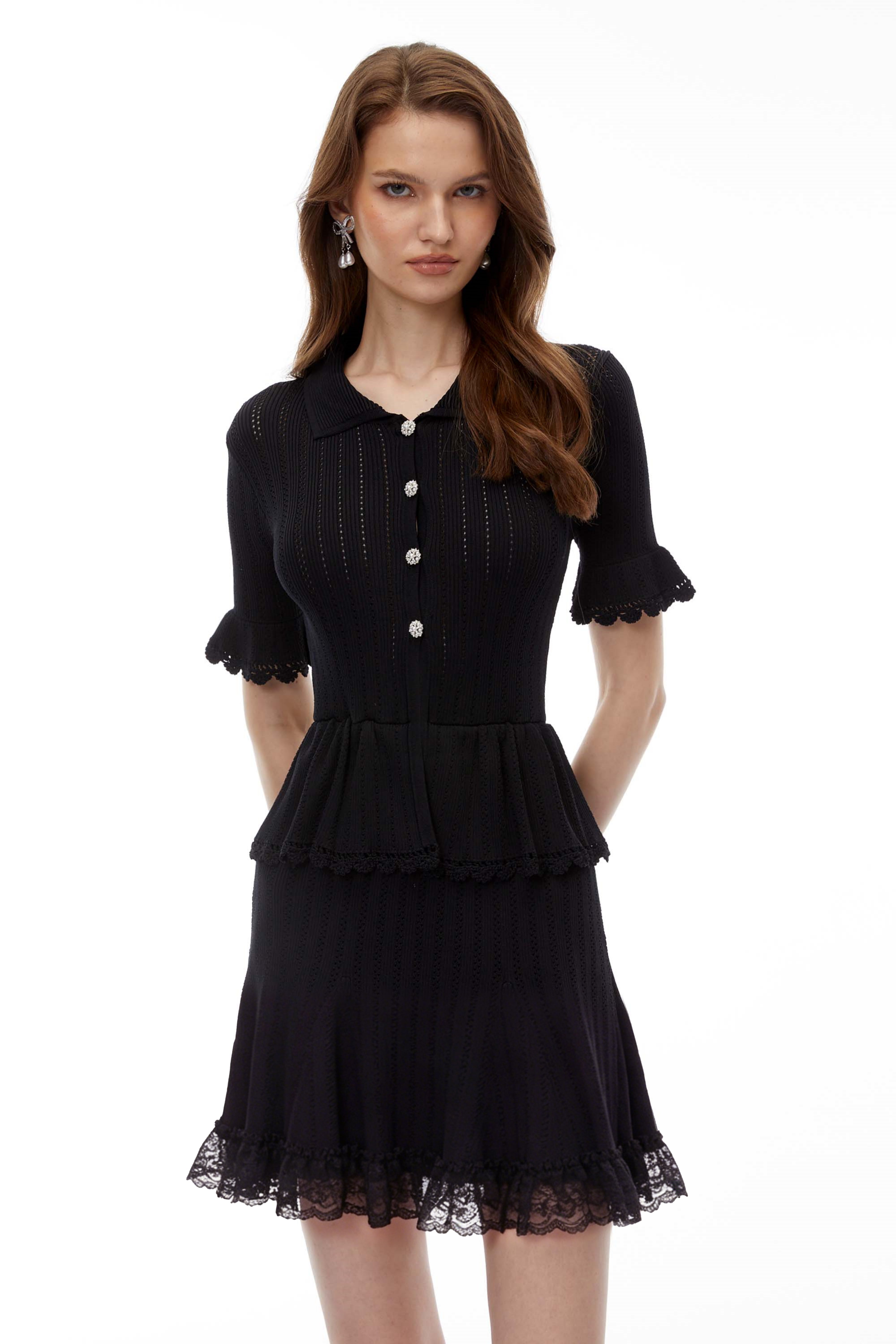 Black collared short-sleeve knit peplum mini dress with jewel buttons and a lace-trimmed hem