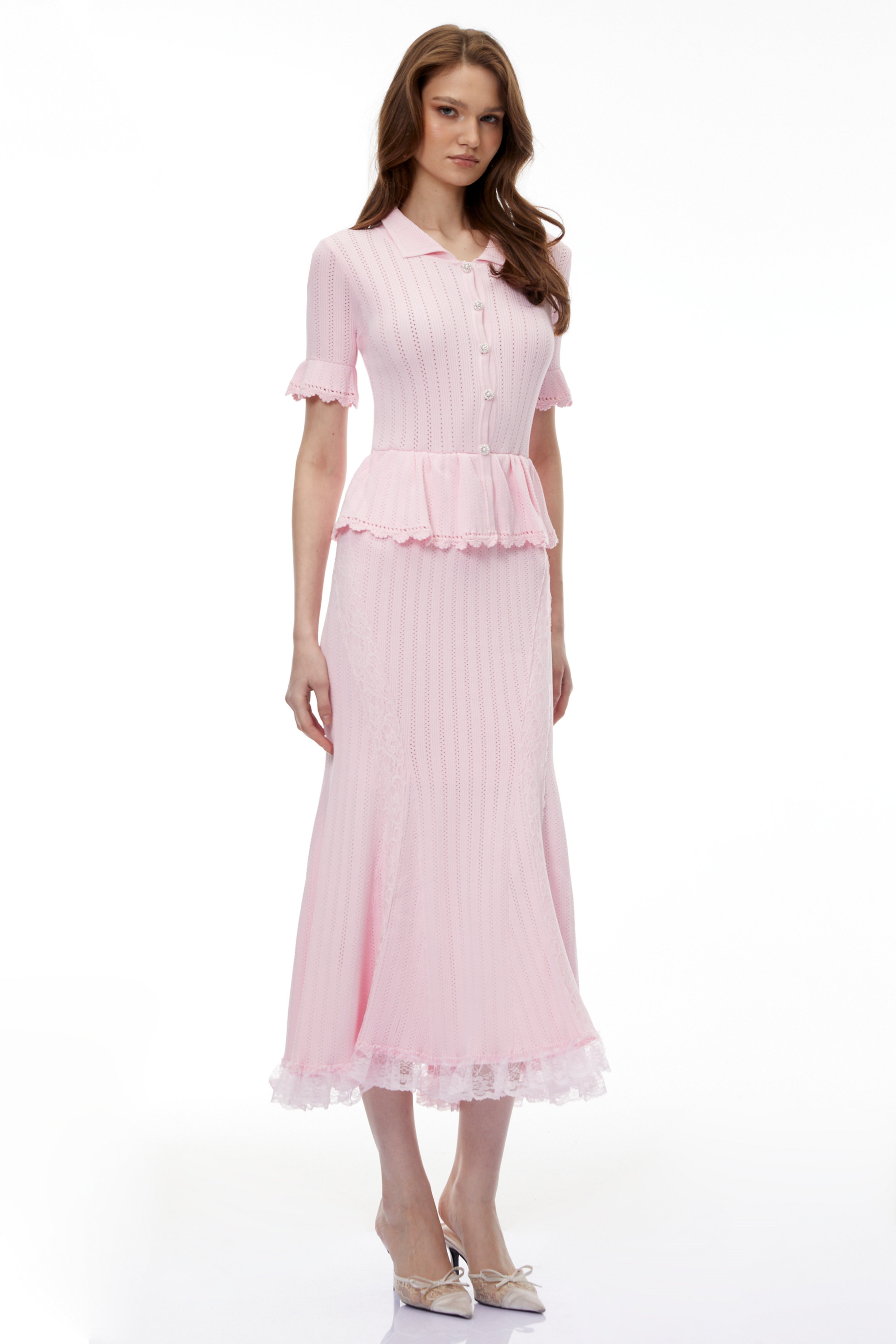 Pink Pointelle Peplum Knit Midi Dress