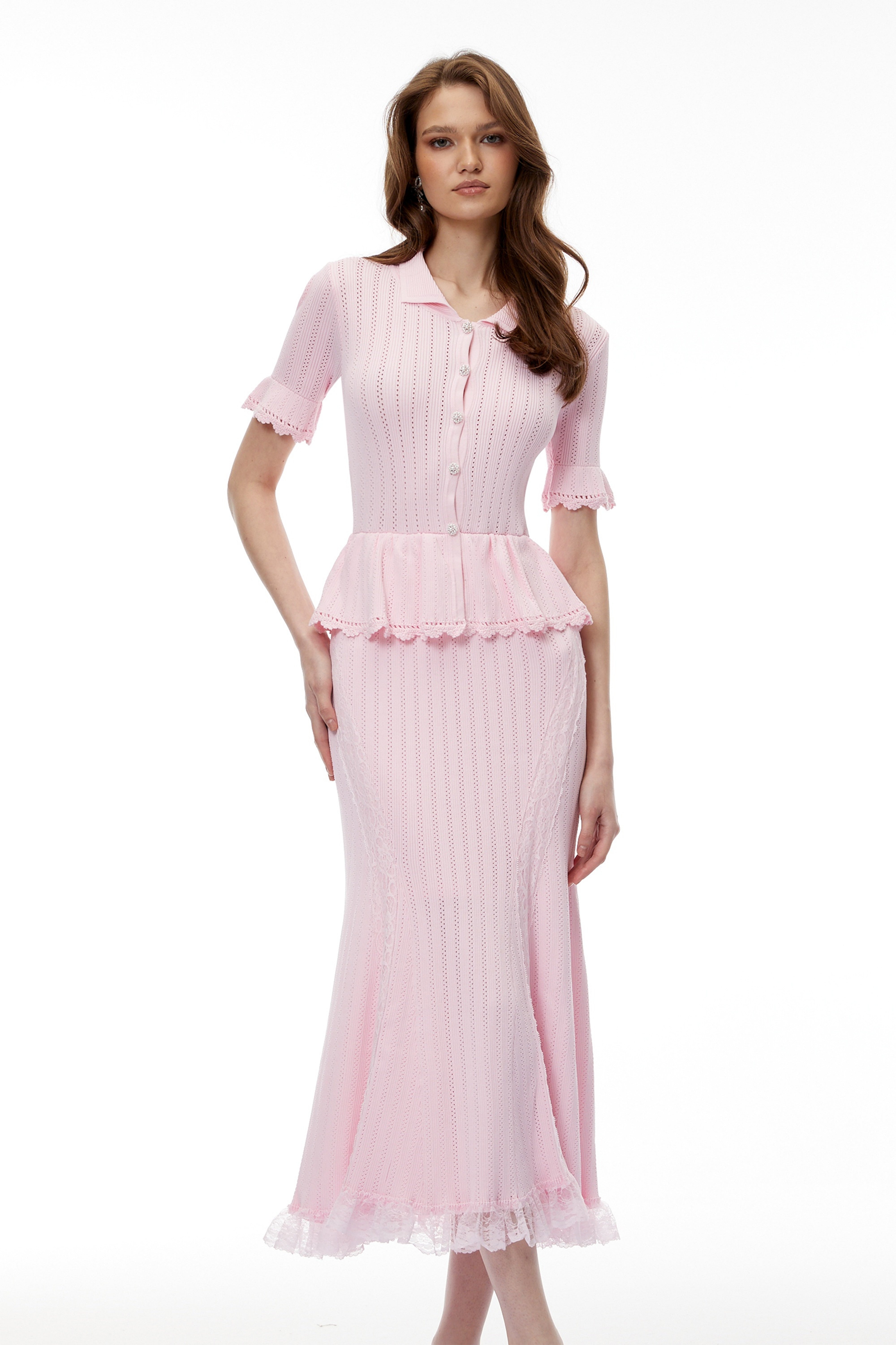Jocasta Pink Stretch Lace Knit Midi Dress – Miss Rosier - Women's
