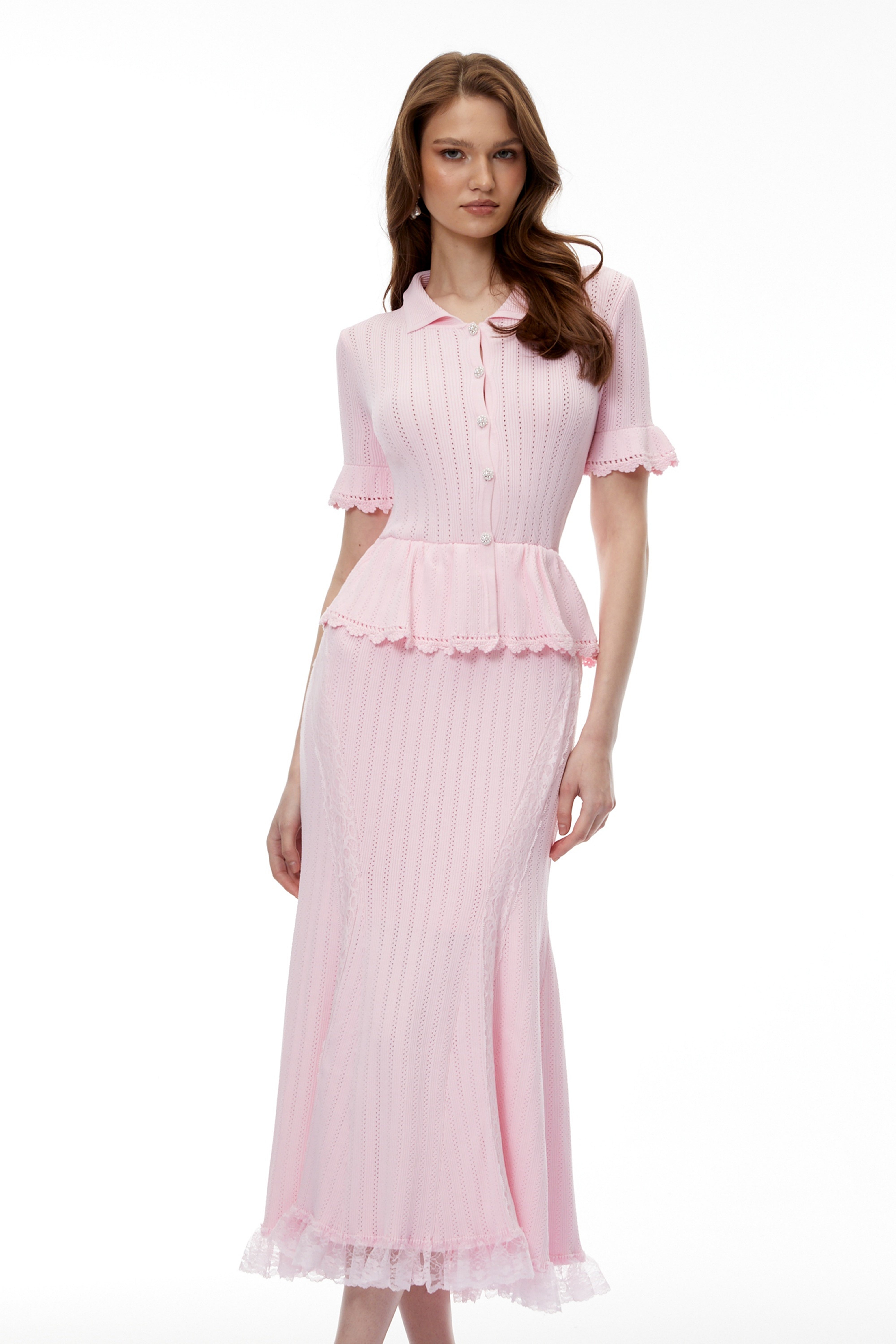 Jocasta Pink Stretch Lace Knit Midi Dress – Miss Rosier - Women's