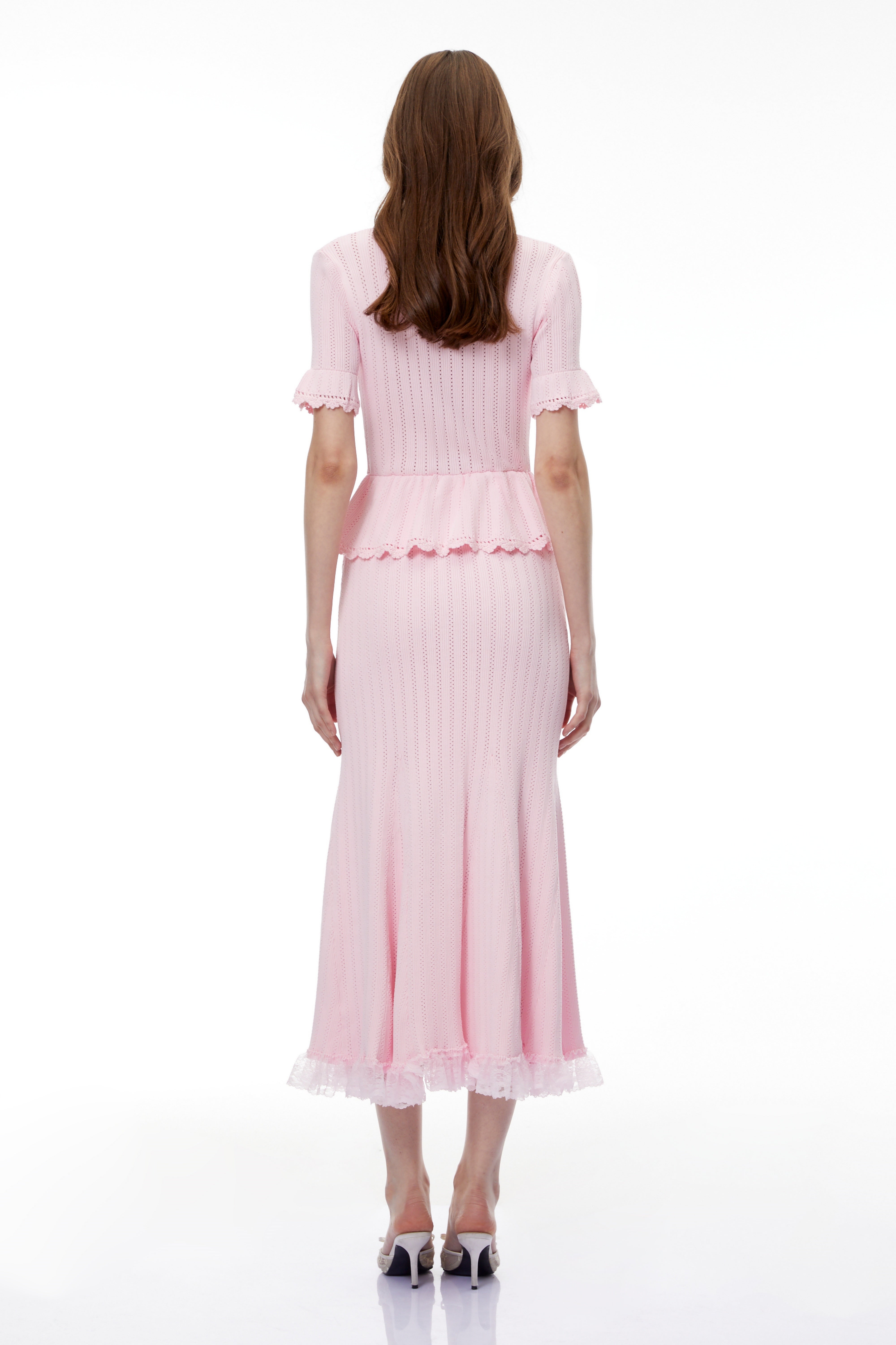 Pink Pointelle Peplum Knit Midi Dress