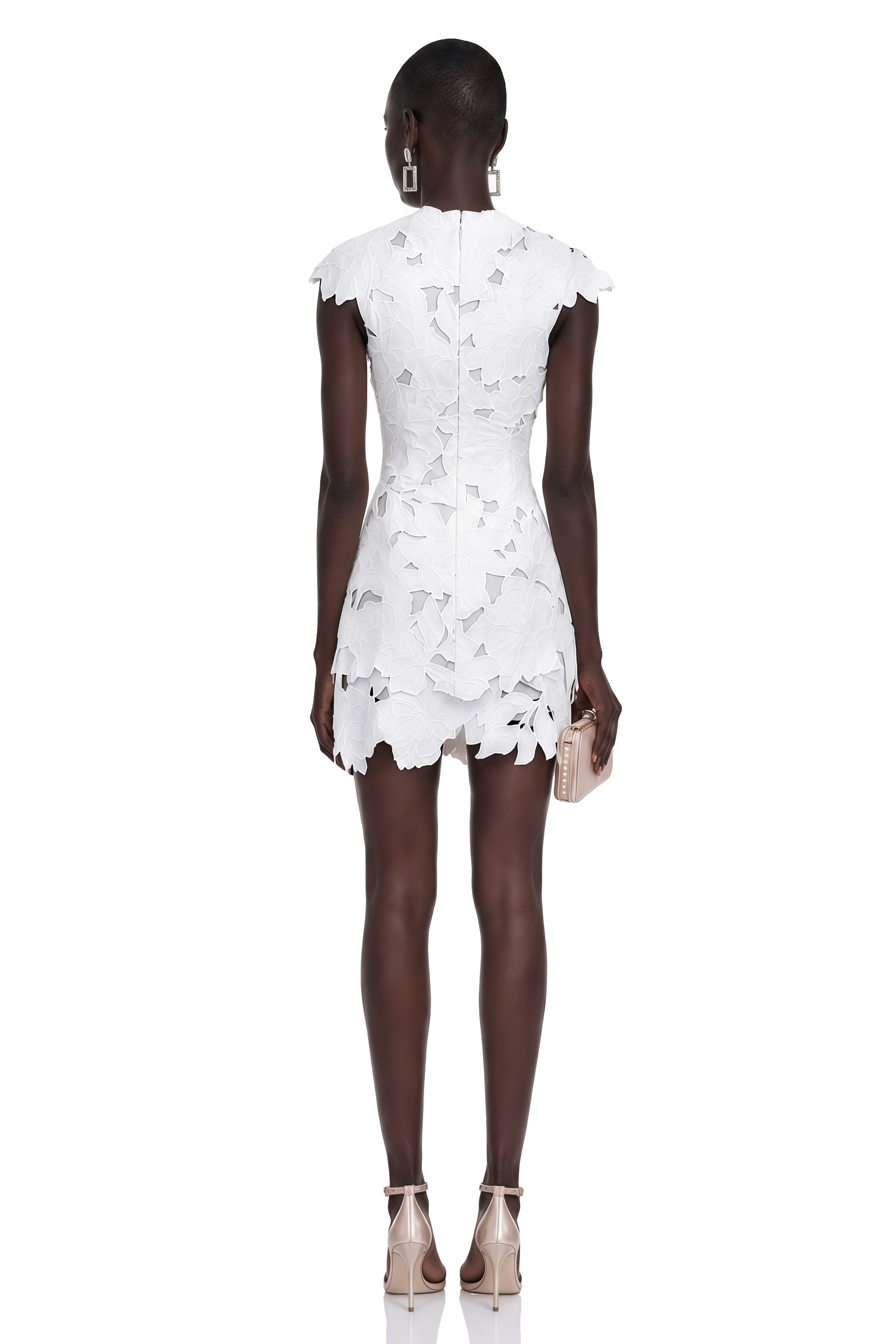 White floral laser-cut cap-sleeve peplum mini dress