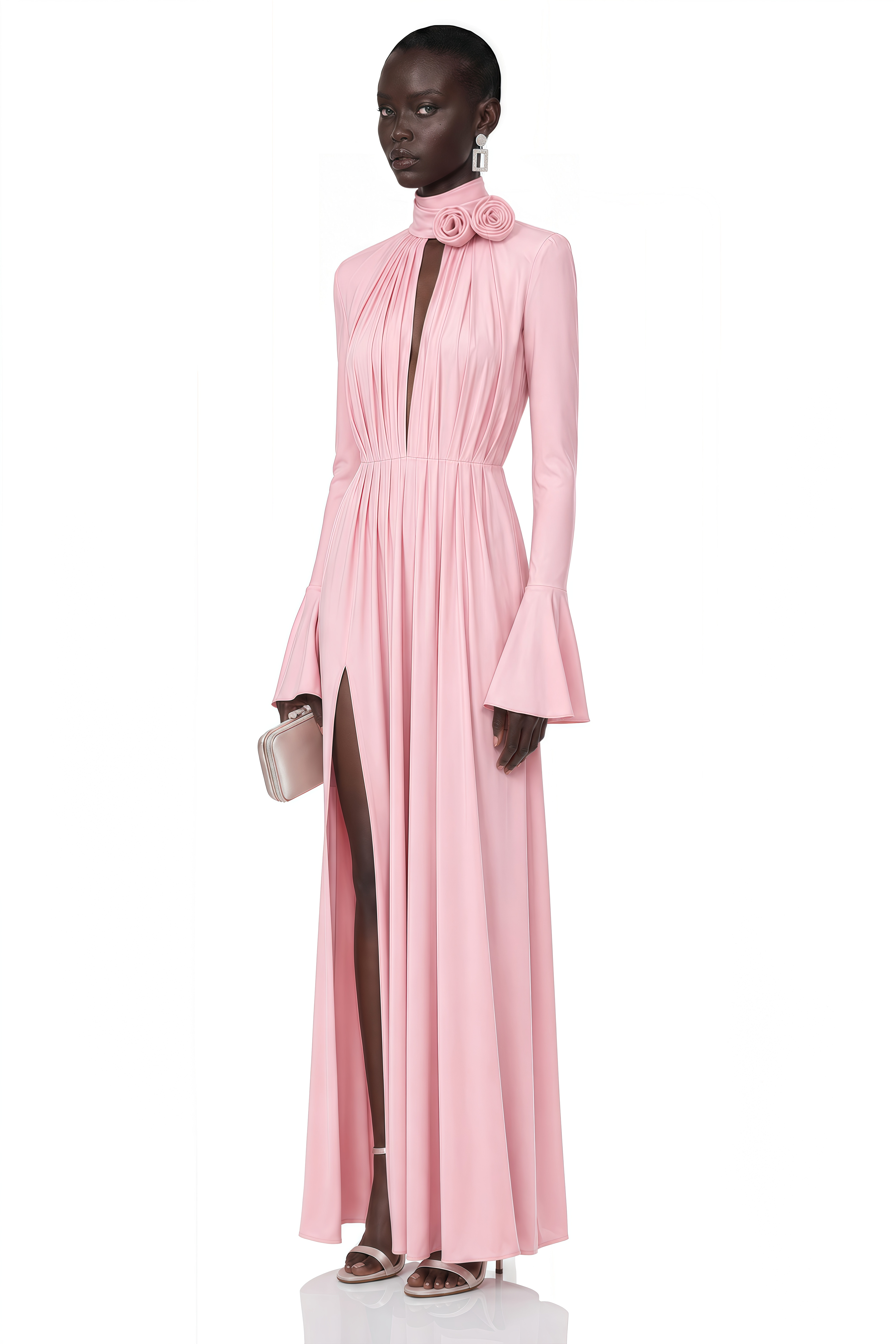 Pink high-neck pleated gown with neck tie and floral rosettes