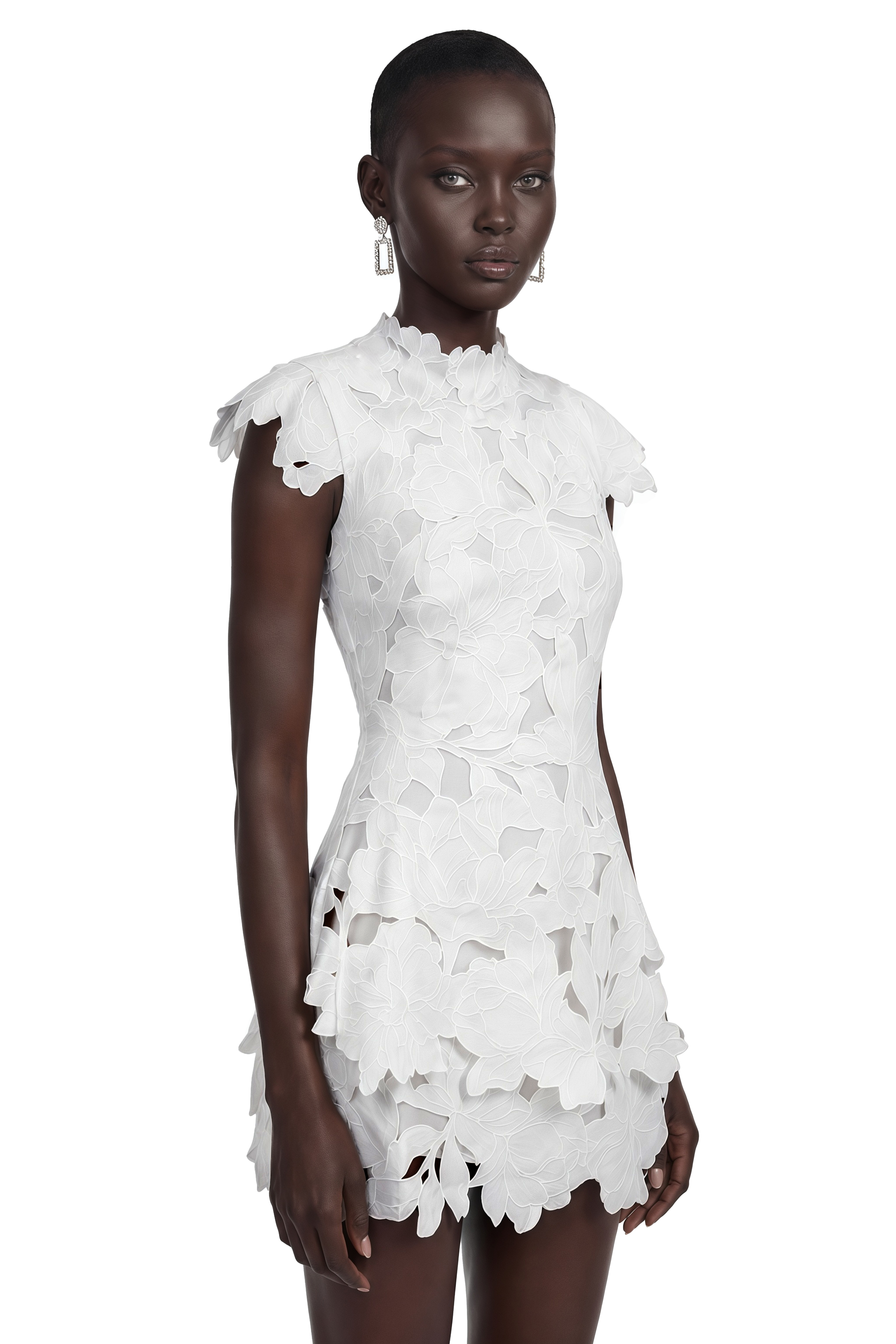 White floral laser-cut cap-sleeve peplum mini dress