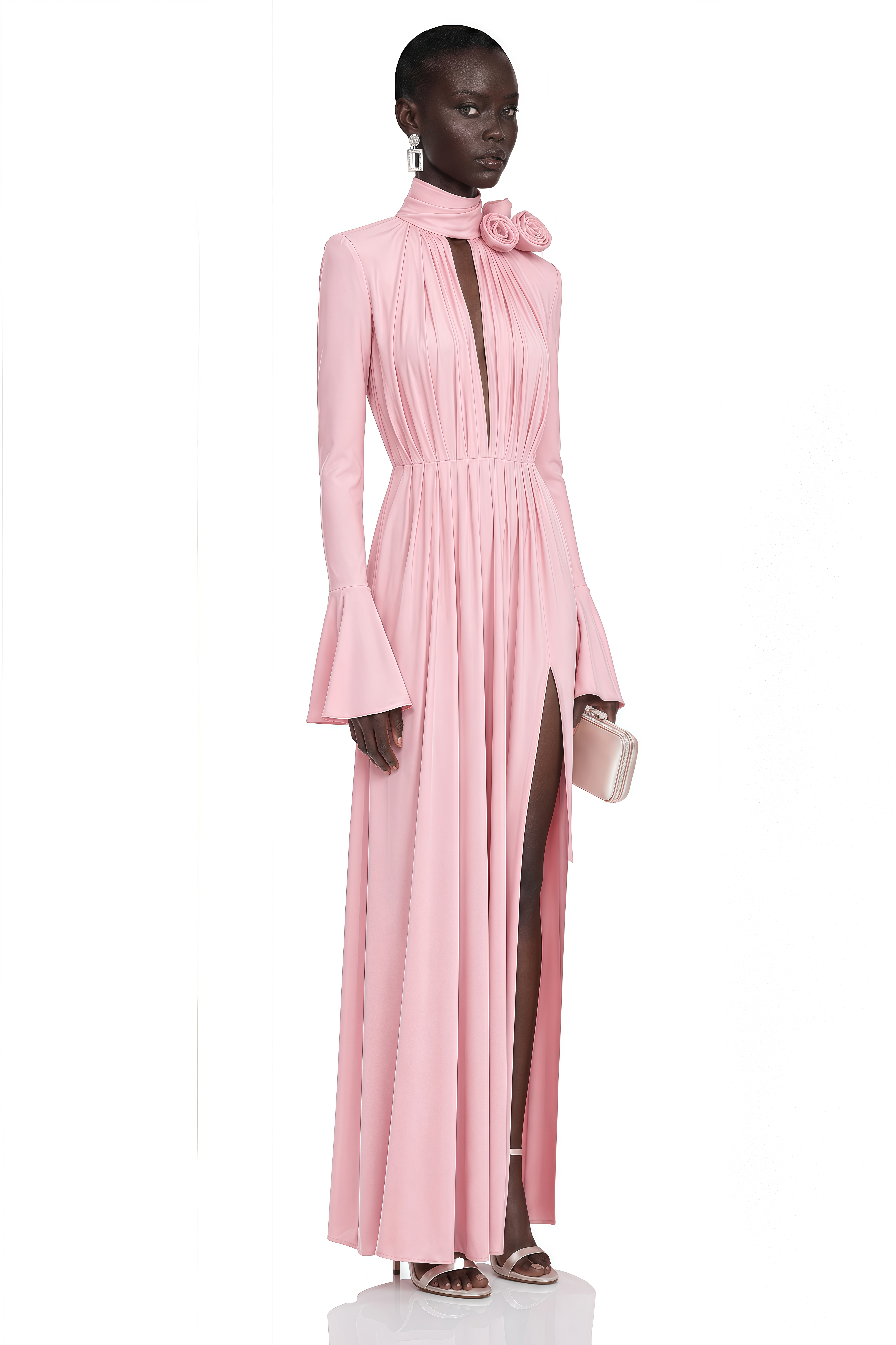Pink high-neck pleated gown with neck tie and floral rosettes
