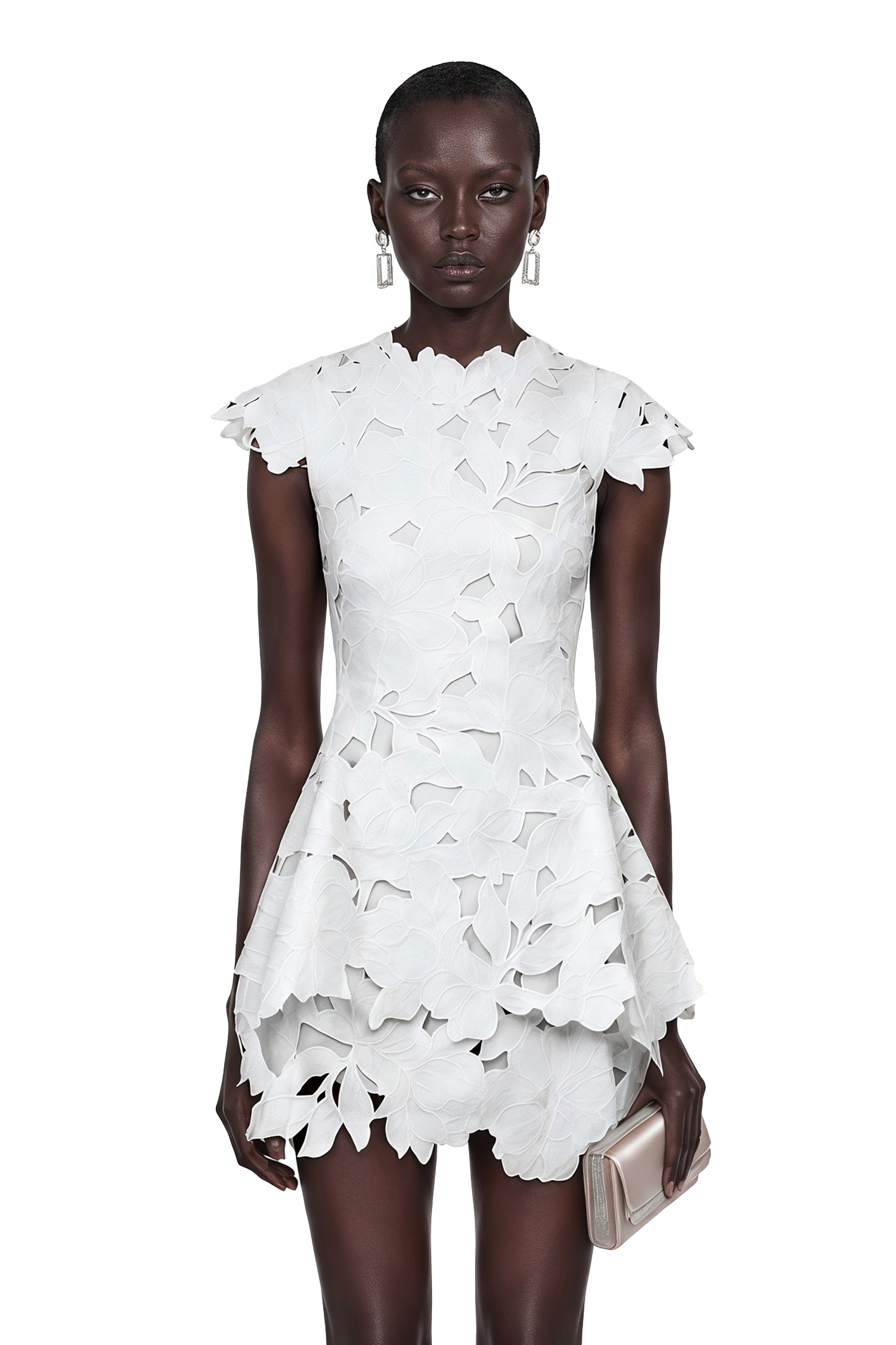 White floral laser-cut cap-sleeve peplum mini dress