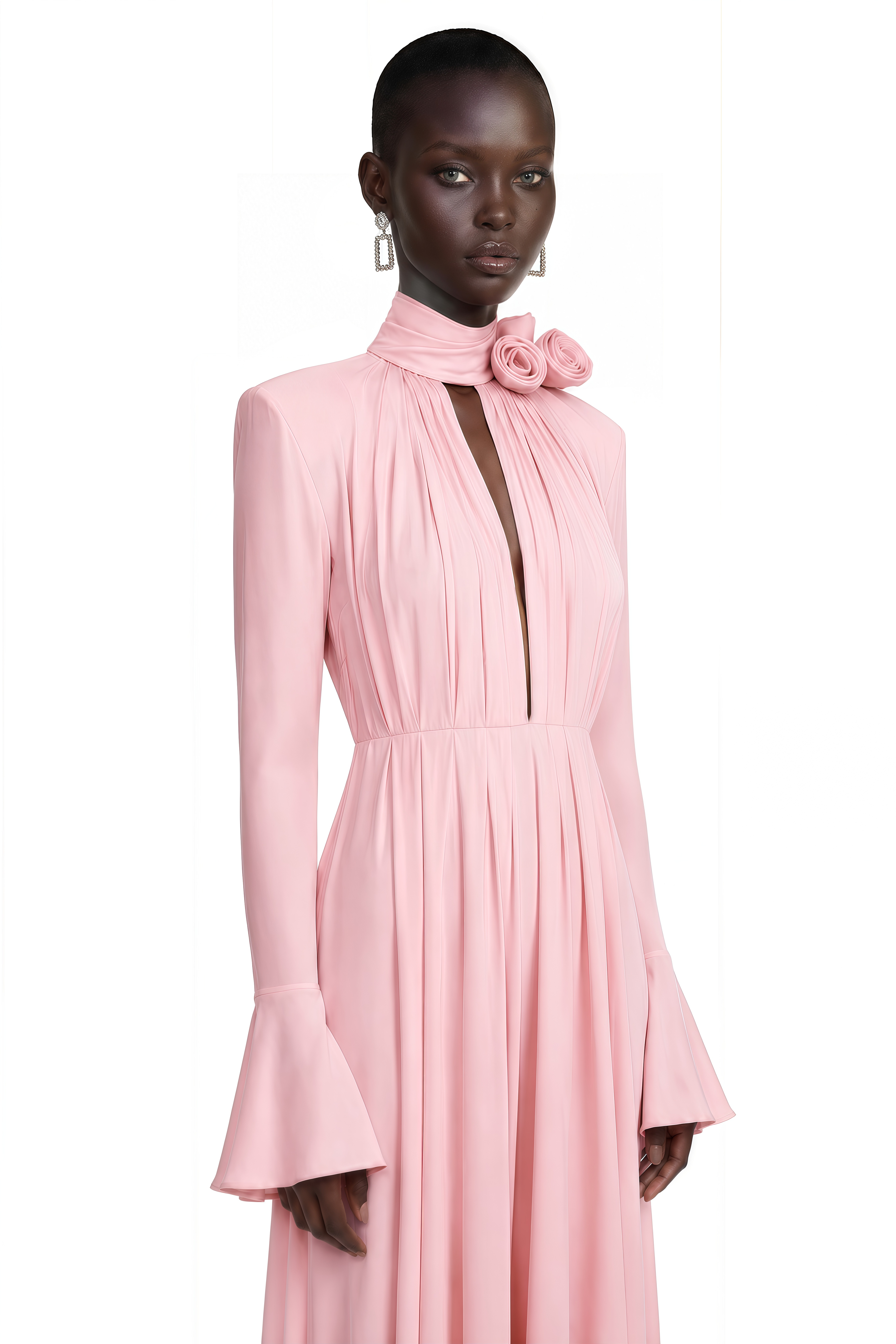 Pink high-neck pleated gown with neck tie and floral rosettes