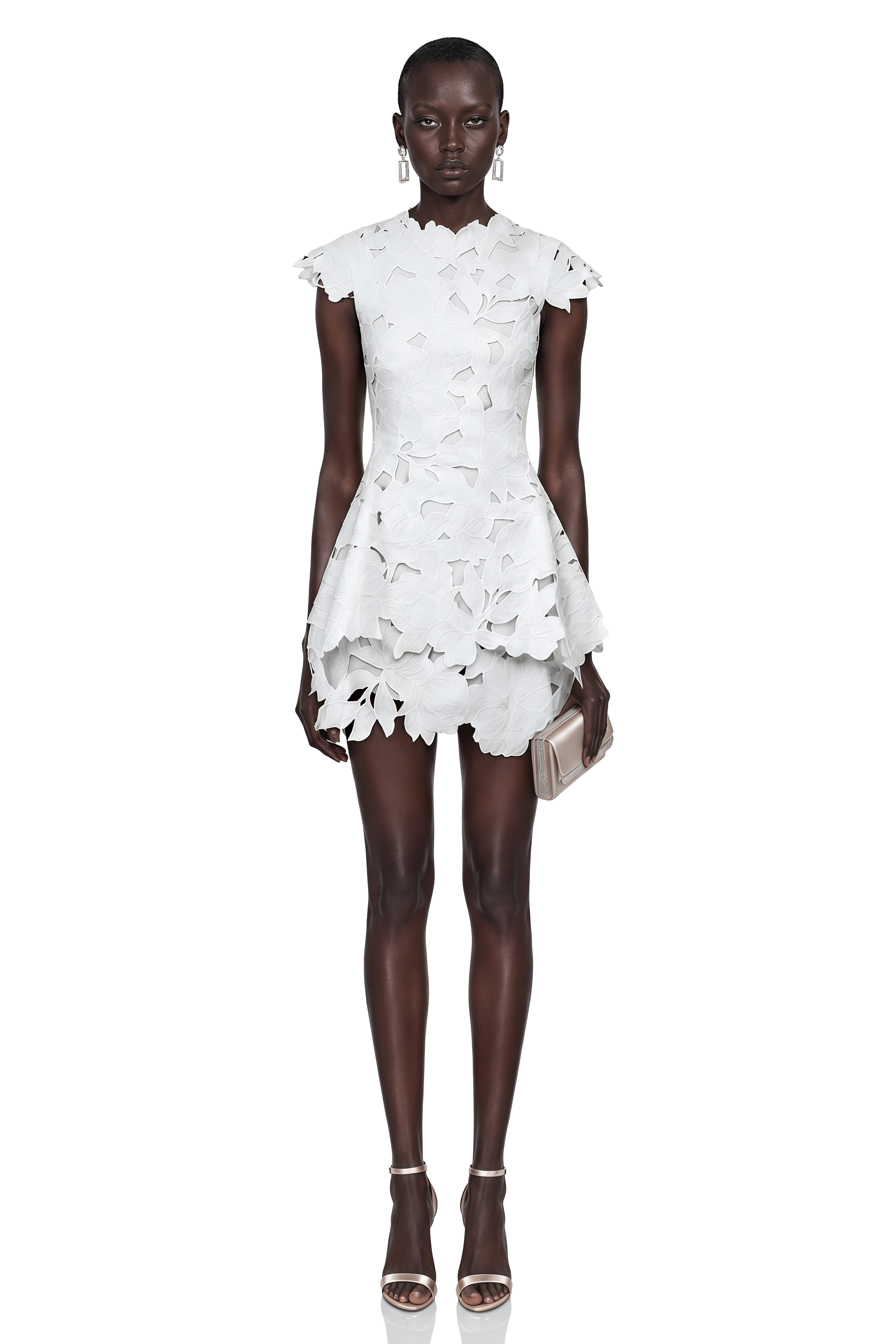White floral laser-cut cap-sleeve peplum mini dress
