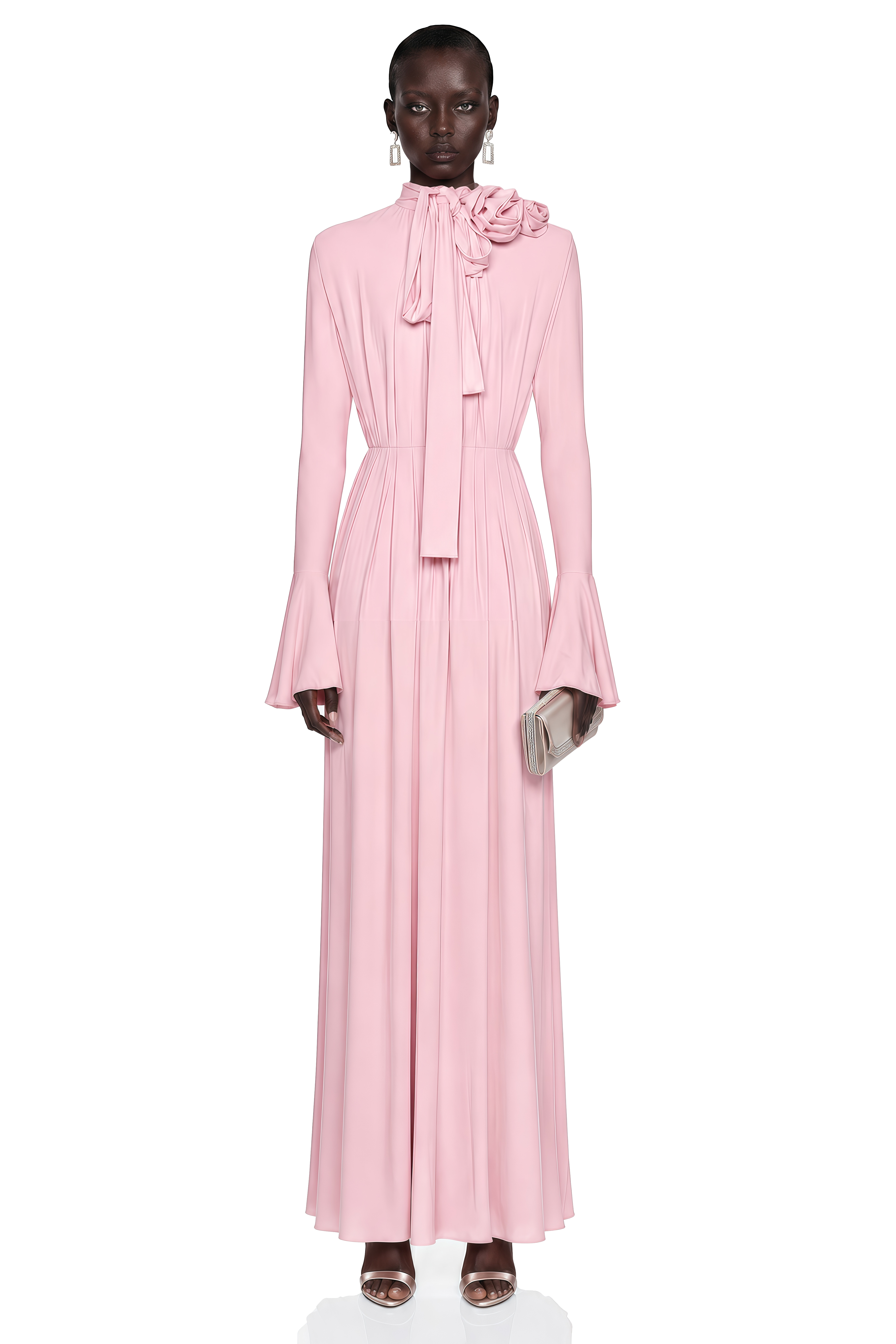 Pink high-neck pleated gown with neck tie and floral rosettes