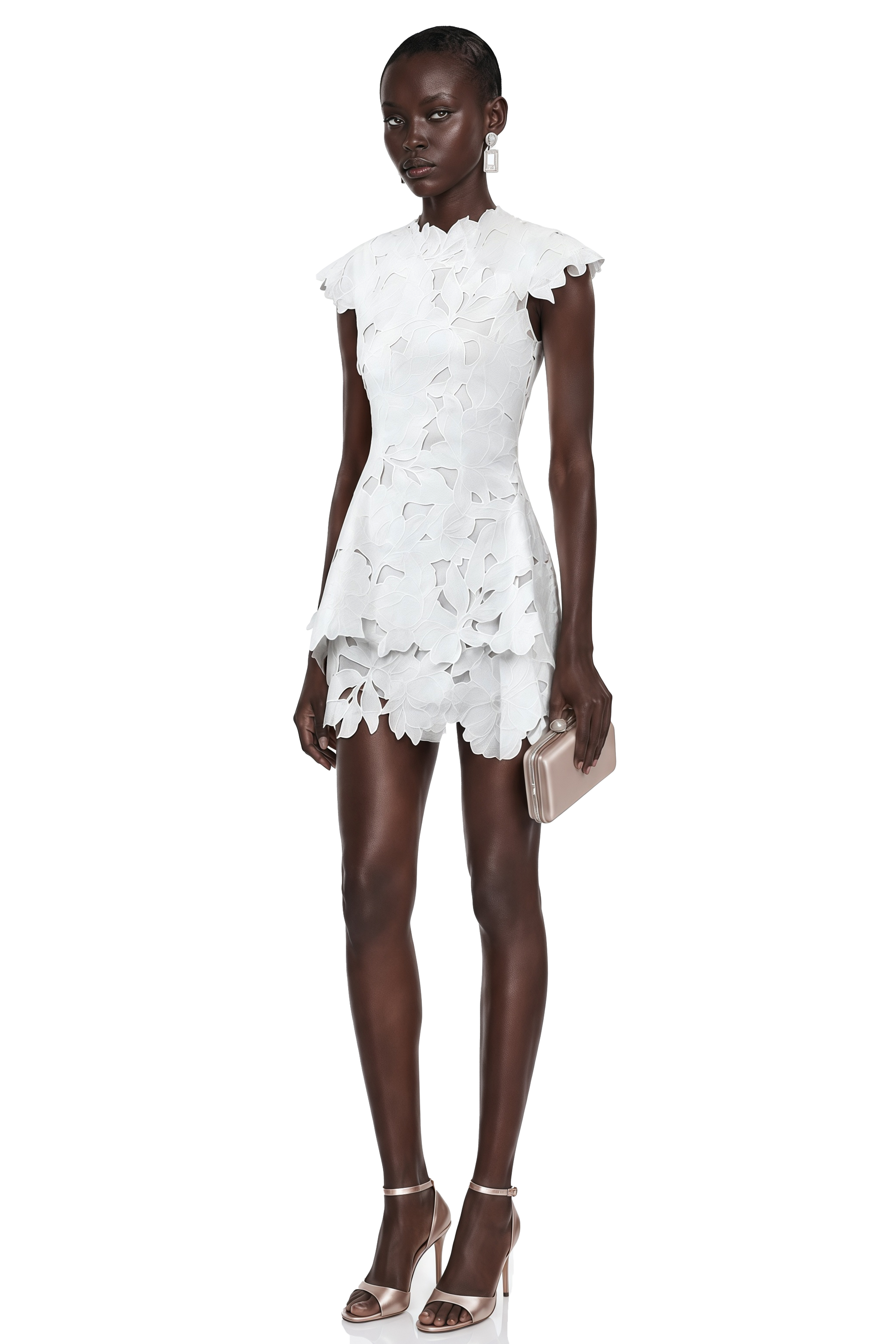 White floral laser-cut cap-sleeve peplum mini dress