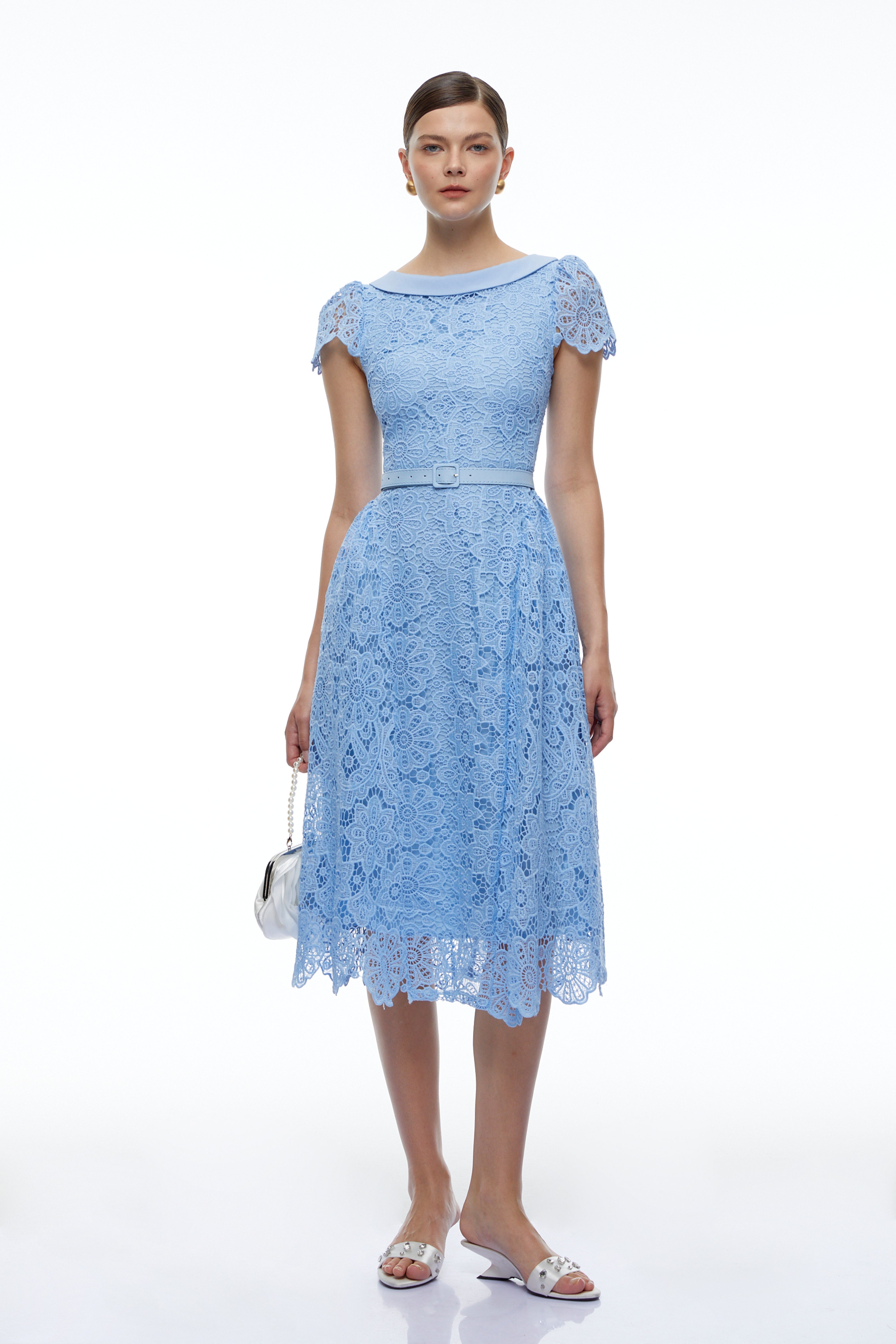 Jocelyn Blue Lace Short Sleeve Belted Midi Dress